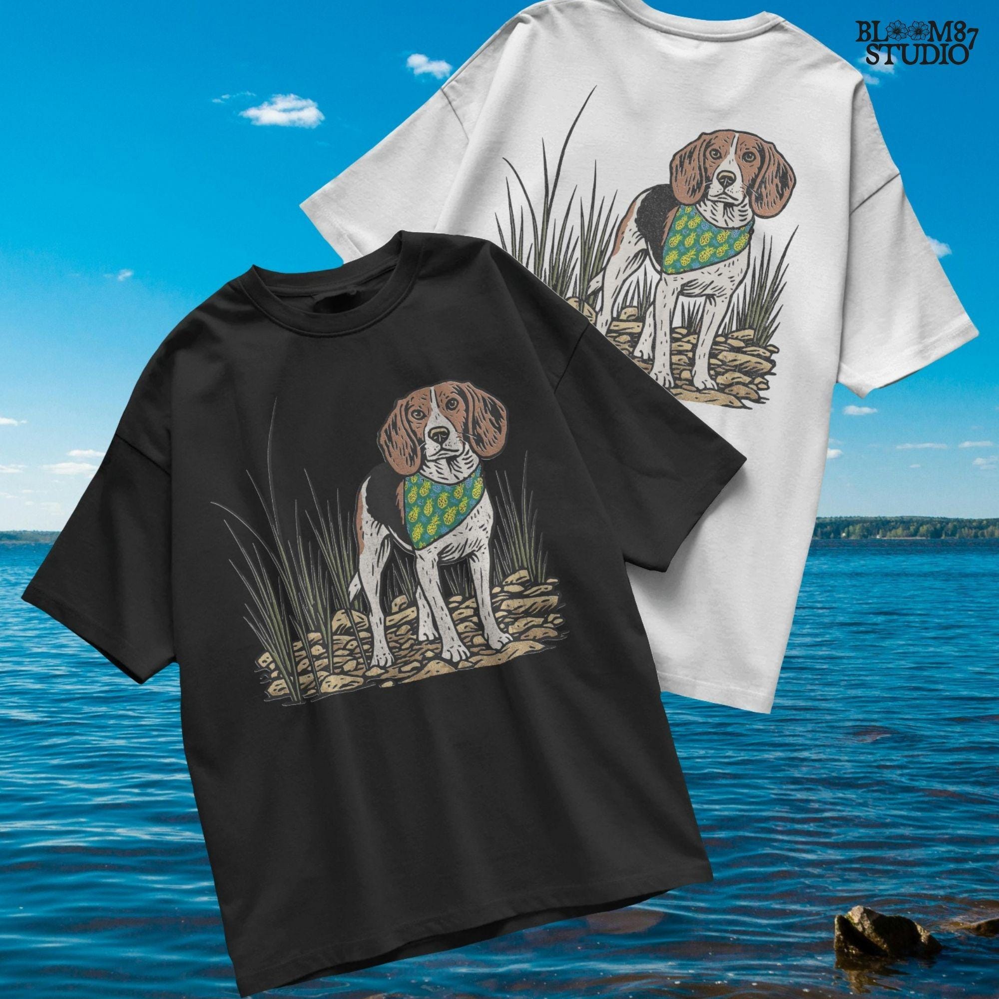 Hand-drawn beagle dog wearing a pineapple bandana, standing in a rocky grass field, designed for sublimation and pet lover gifts.