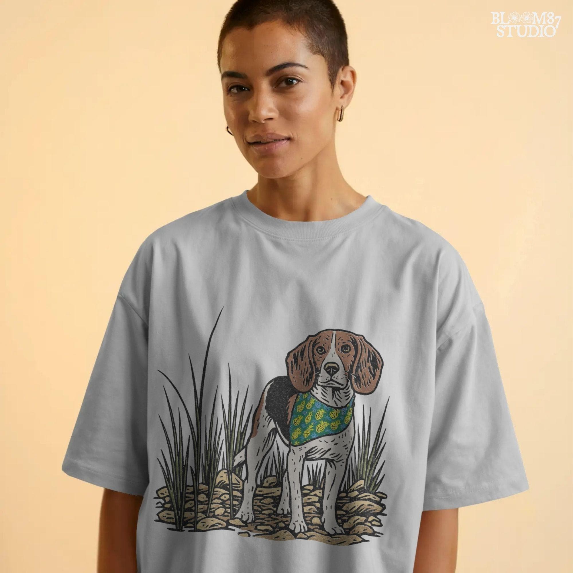 Hand-drawn beagle dog wearing a pineapple bandana, standing in a rocky grass field, designed for sublimation and pet lover gifts.