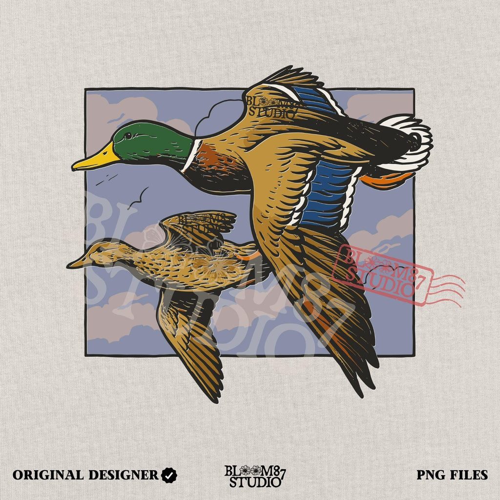 Vintage-style illustration of a flying mallard duck pair in mid-air with a cloudy sky background, ideal for rustic hunting or nature-themed designs.