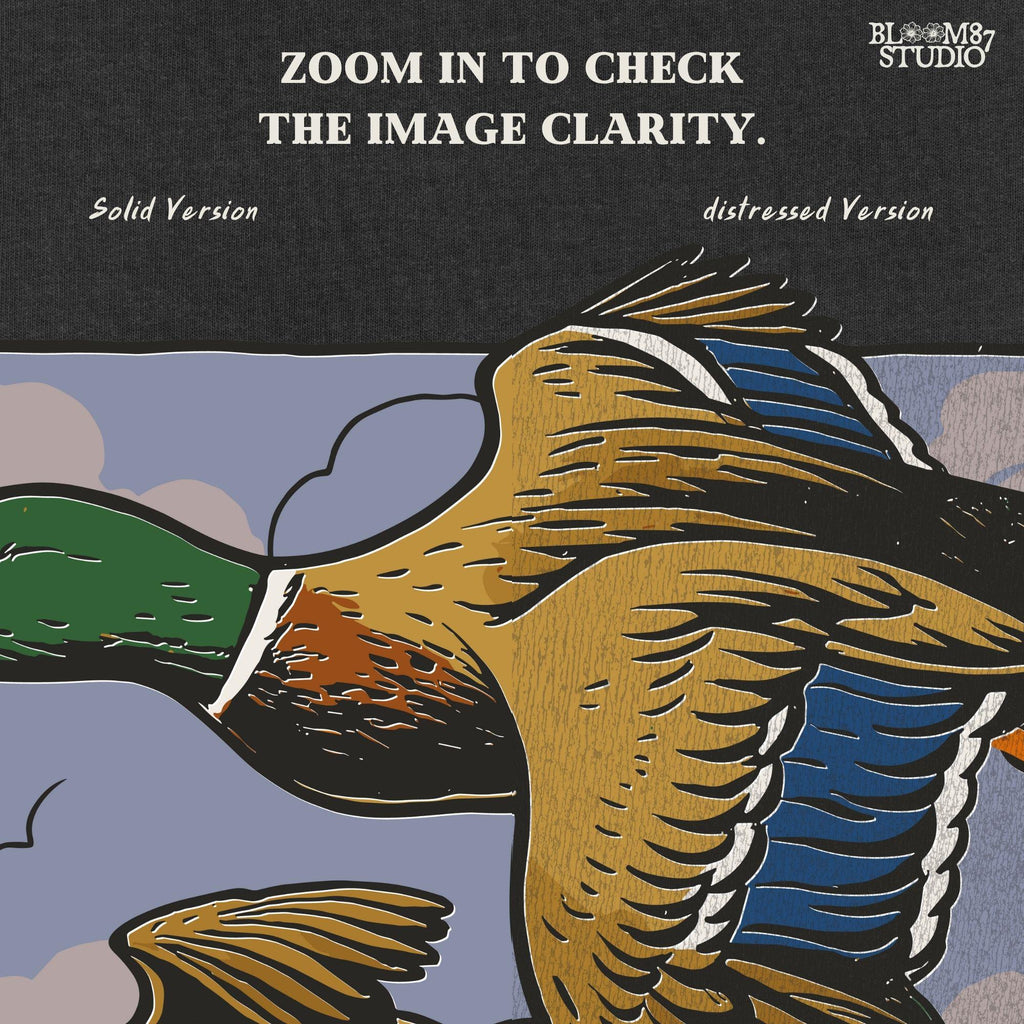 Vintage-style illustration of a flying mallard duck pair in mid-air with a cloudy sky background, ideal for rustic hunting or nature-themed designs.