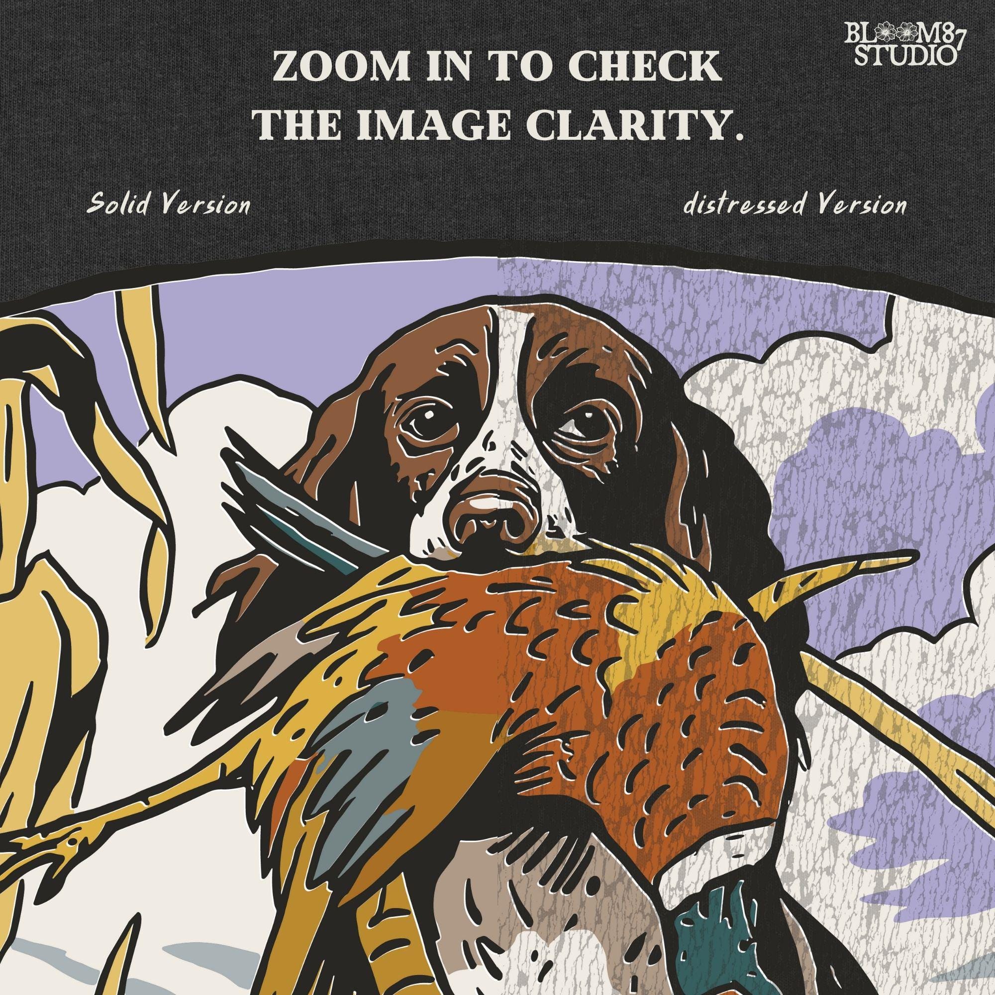 Vintage-style illustration of a Springer Spaniel retrieving a pheasant in a snowy cornfield, ideal for pheasant hunting and rustic outdoor-themed designs.