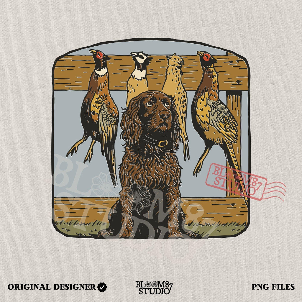 Vintage-style illustration of a long-haired hunting dog sitting in front of a wooden rack with four hanging pheasants, ideal for upland bird hunting themes.