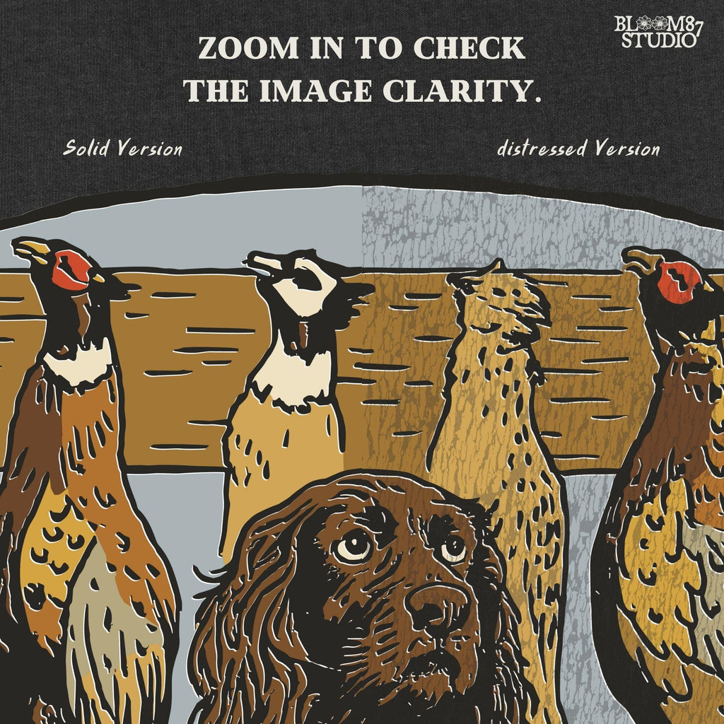 Vintage-style illustration of a long-haired hunting dog sitting in front of a wooden rack with four hanging pheasants, ideal for upland bird hunting themes.