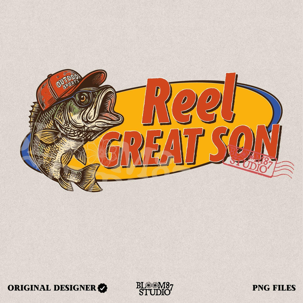 Illustration of a bass fish wearing a red trucker hat with the text “Reel Great Son” in bold vintage lettering, designed for sublimation and fishing-themed gifts for kids.