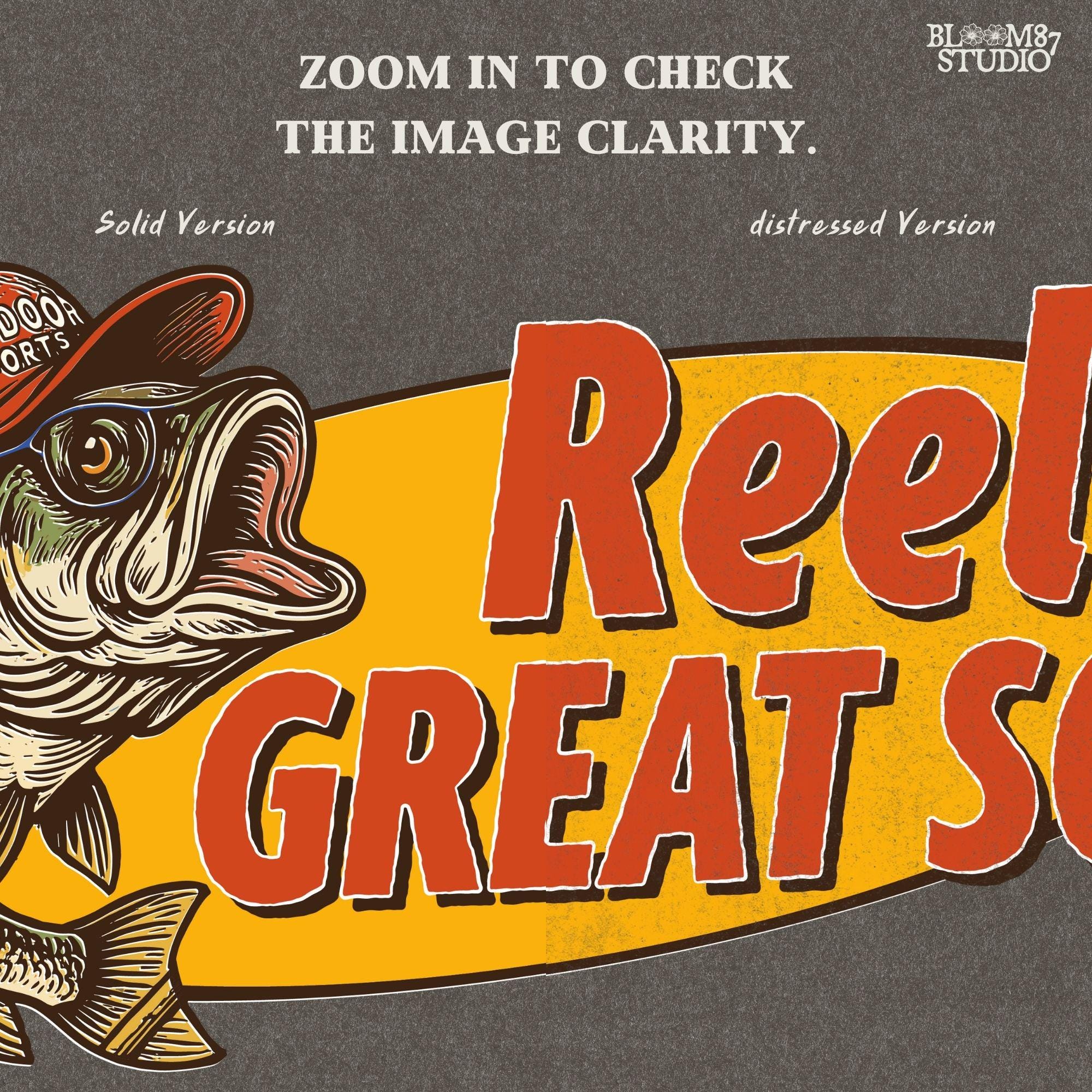 Illustration of a bass fish wearing a red trucker hat with the text “Reel Great Son” in bold vintage lettering, designed for sublimation and fishing-themed gifts for kids.
