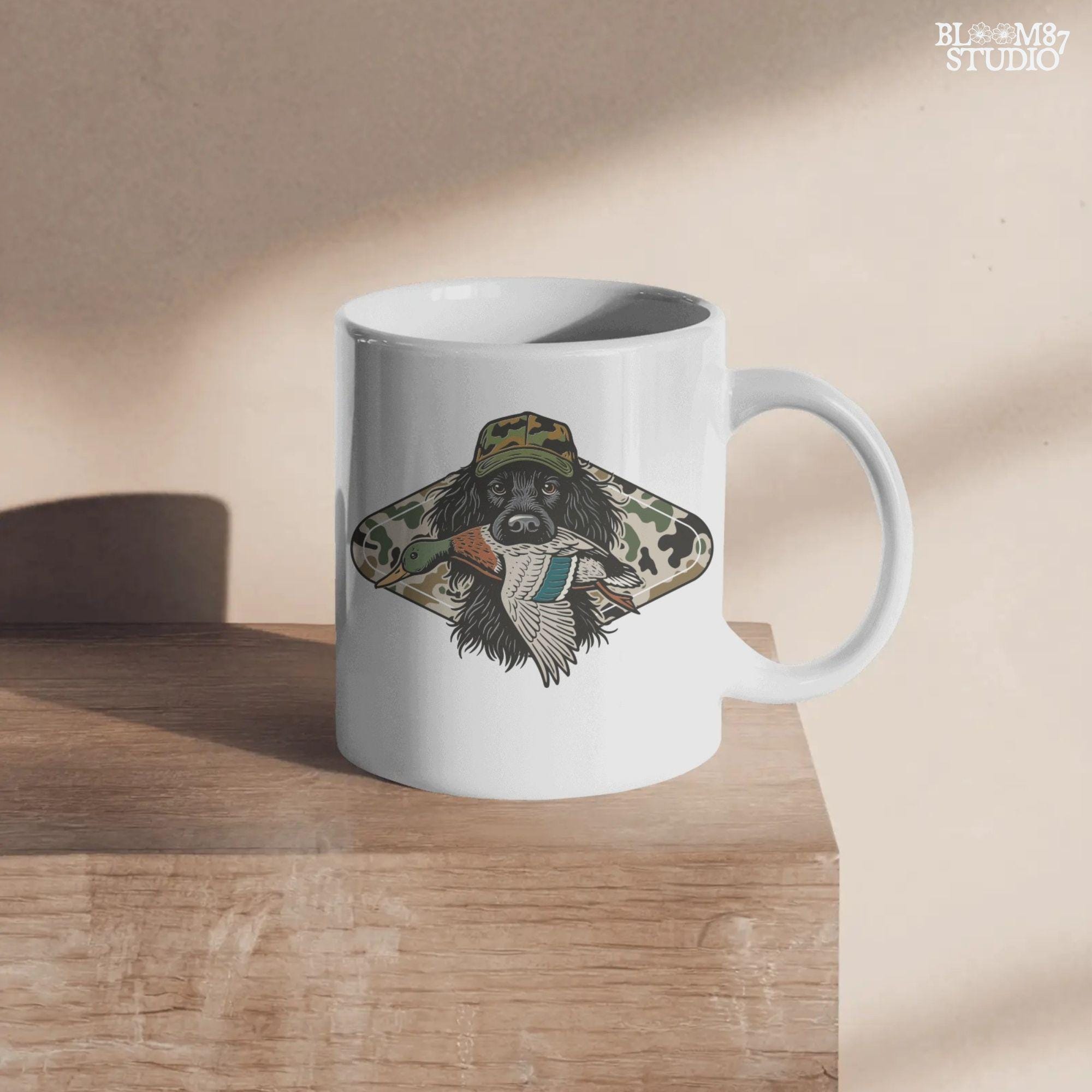 Illustration of a long-haired duck hunting dog wearing a camouflage hat, holding a mallard duck in its mouth, with a camo background design.