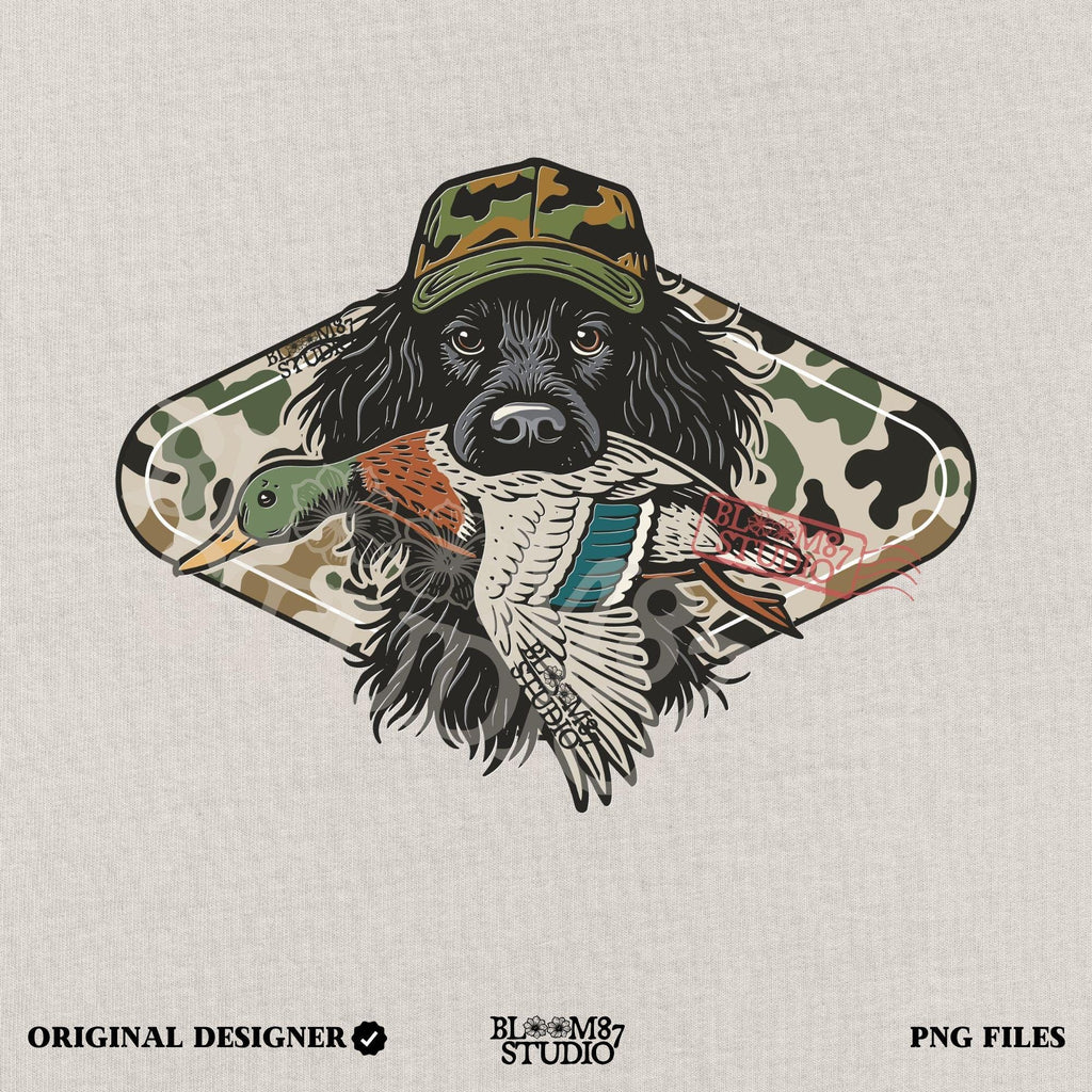 Illustration of a long-haired duck hunting dog wearing a camouflage hat, holding a mallard duck in its mouth, with a camo background design.