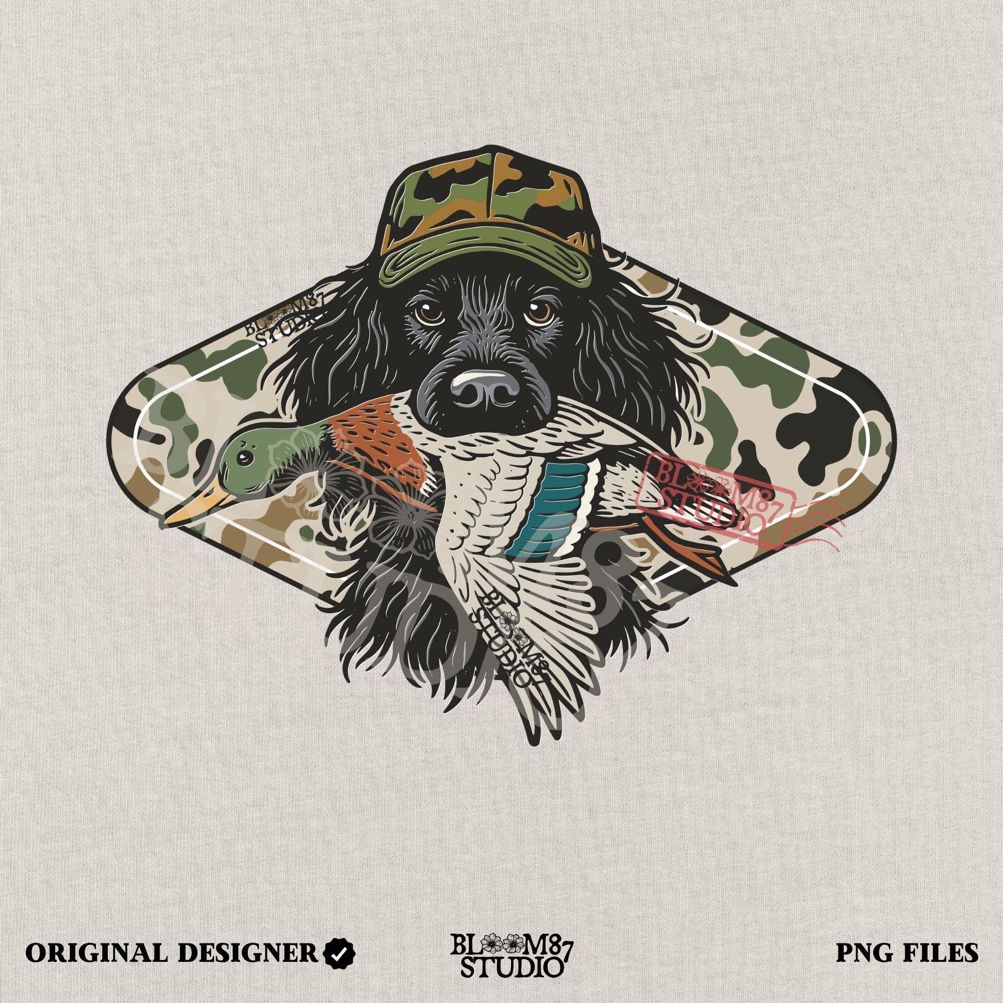 Illustration of a long-haired duck hunting dog wearing a camouflage hat, holding a mallard duck in its mouth, with a camo background design.