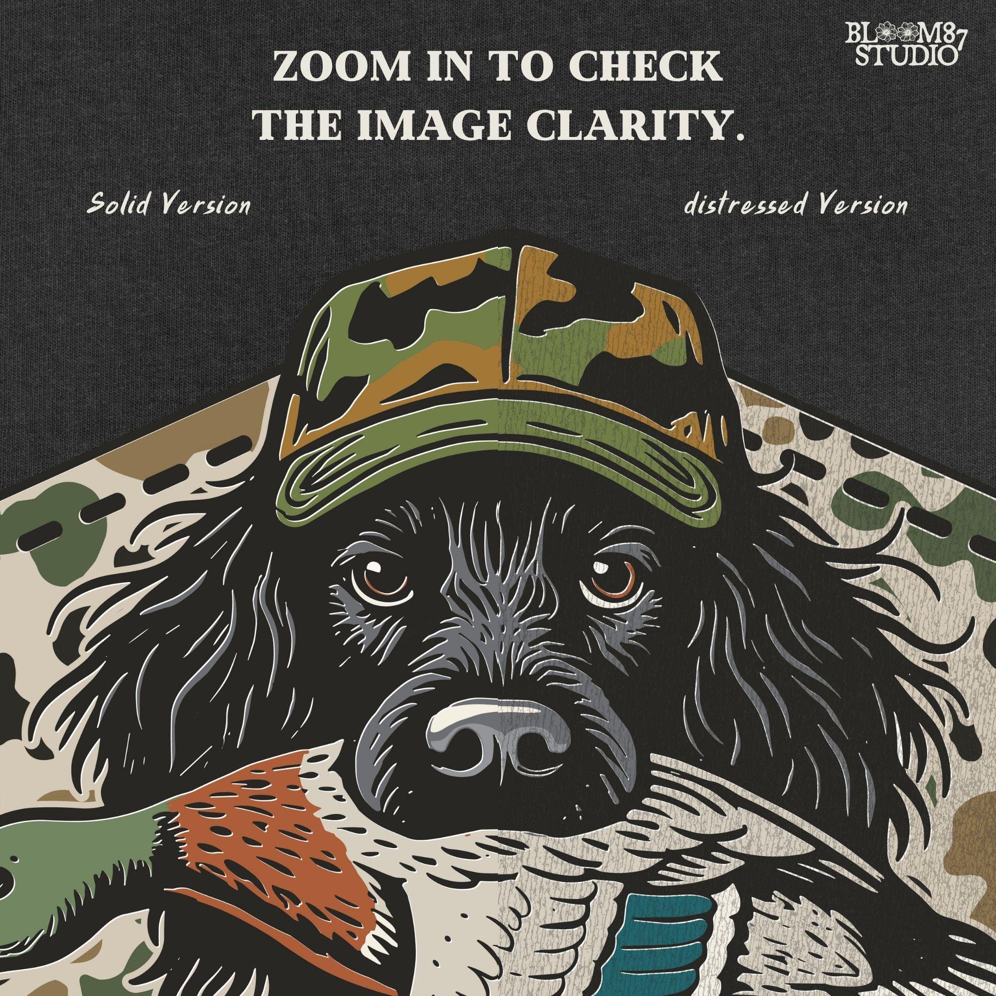 Illustration of a black hunting dog wearing a camo hat, holding a mallard duck in its mouth with the text “Southern Boy” below, in a rustic Southern style.