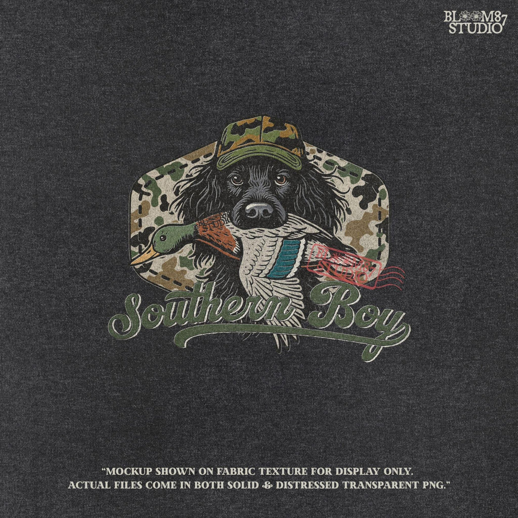 Illustration of a black hunting dog wearing a camo hat, holding a mallard duck in its mouth with the text “Southern Boy” below, in a rustic Southern style.