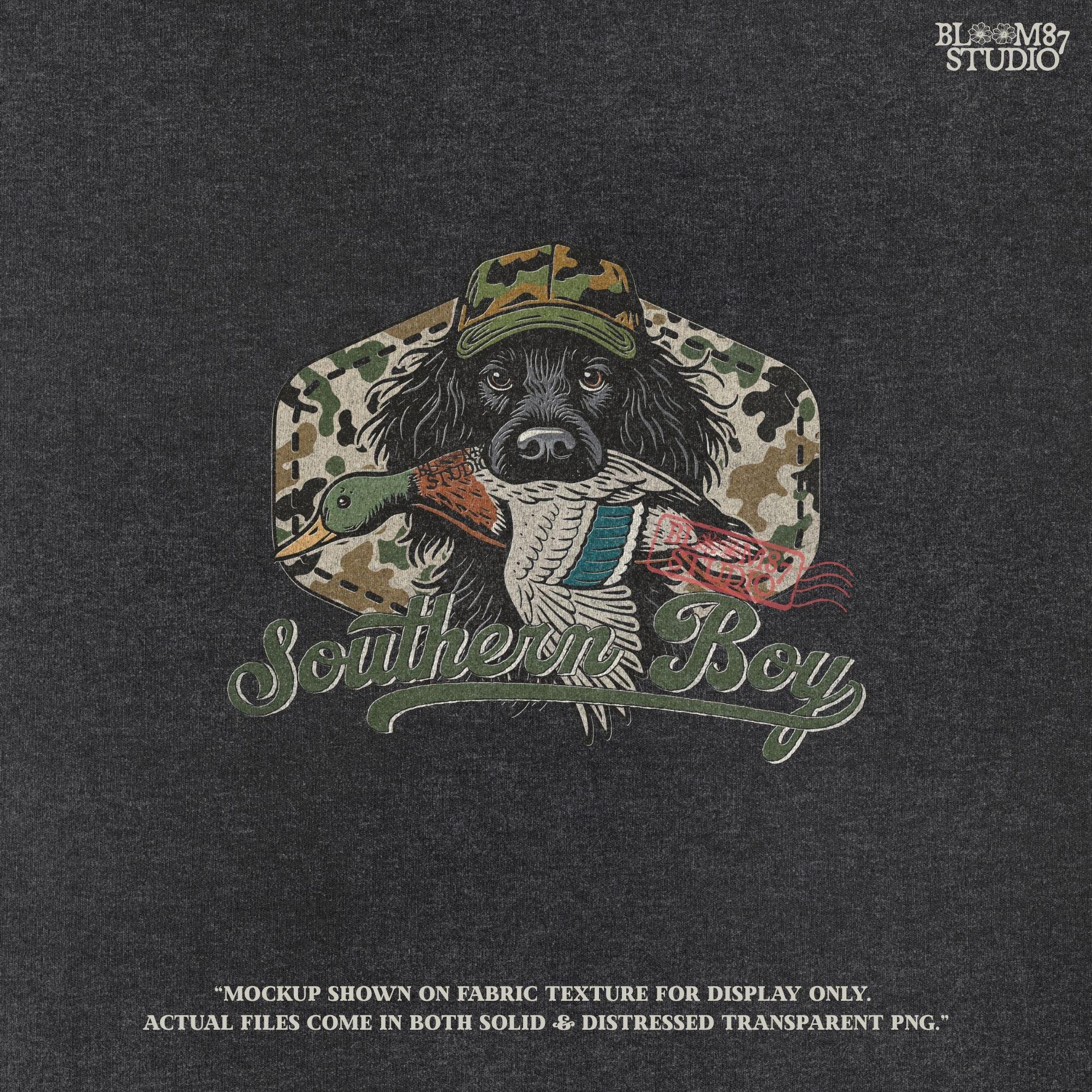 Illustration of a black hunting dog wearing a camo hat, holding a mallard duck in its mouth with the text “Southern Boy” below, in a rustic Southern style.