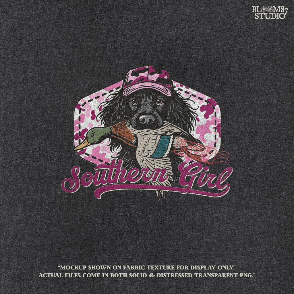 Illustration of a black hunting dog wearing a pink camo hat and holding a mallard duck, with “Southern Girl” text and pink camouflage background.