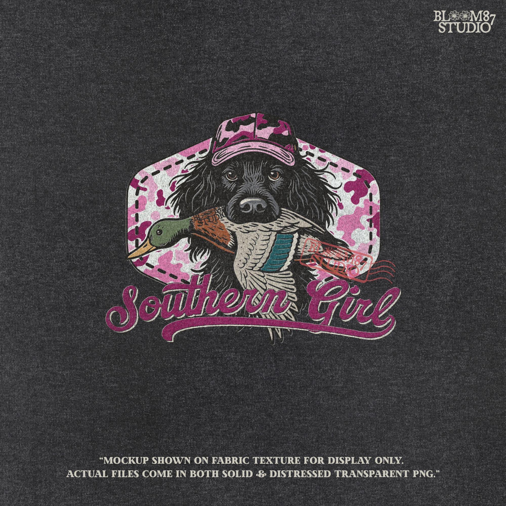 Illustration of a black hunting dog wearing a pink camo hat and holding a mallard duck, with “Southern Girl” text and pink camouflage background.