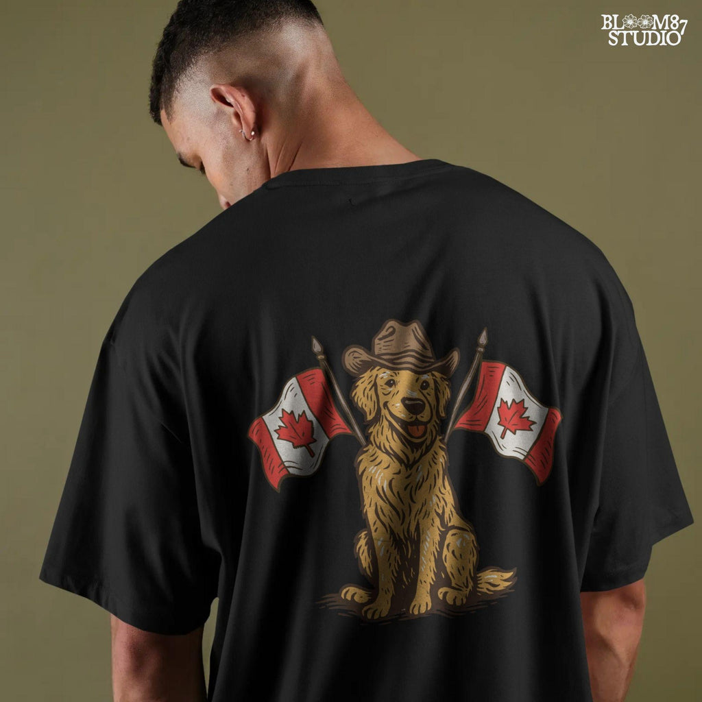Illustration of a golden retriever wearing a cowboy hat and sitting between two Canadian flags, designed for Canada Day-themed sublimation projects.