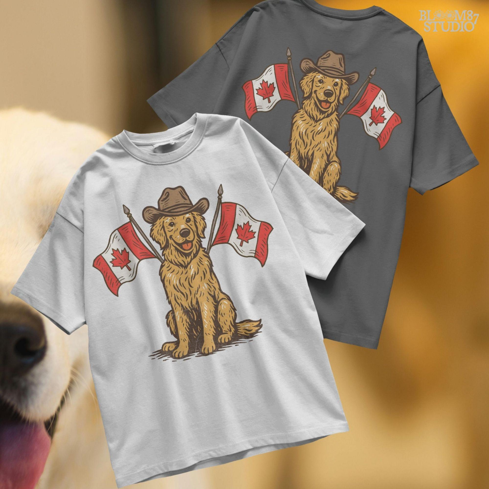 Illustration of a golden retriever wearing a cowboy hat and sitting between two Canadian flags, designed for Canada Day-themed sublimation projects.