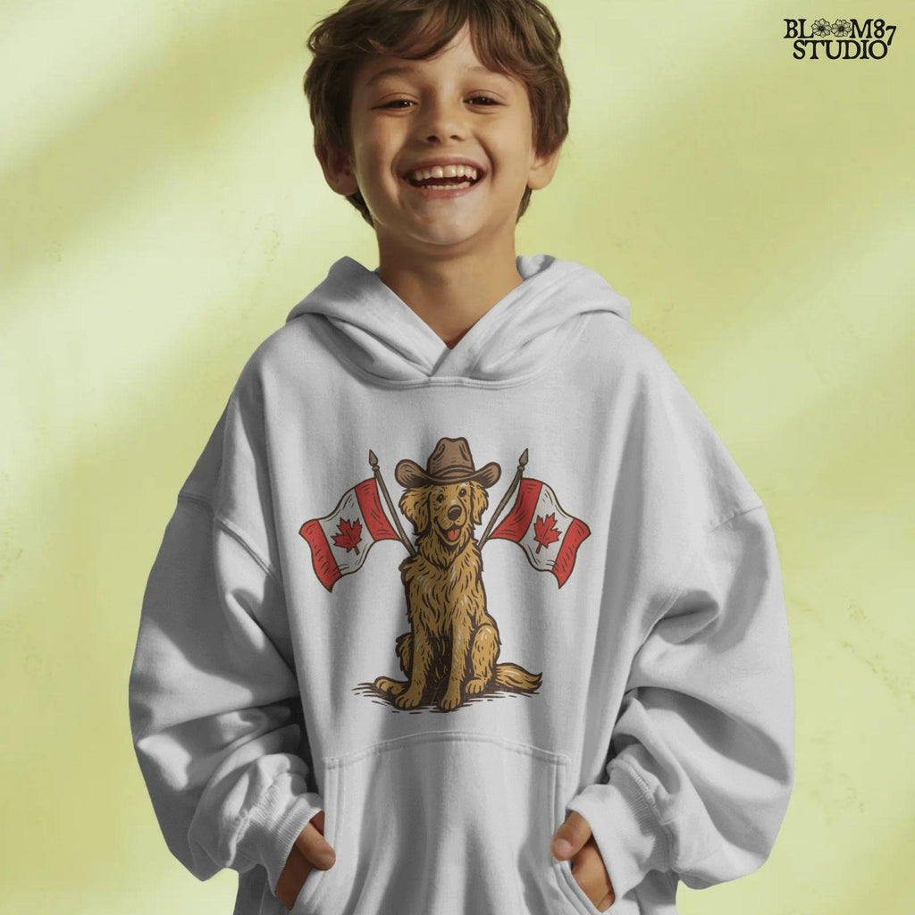 Illustration of a golden retriever wearing a cowboy hat and sitting between two Canadian flags, designed for Canada Day-themed sublimation projects.