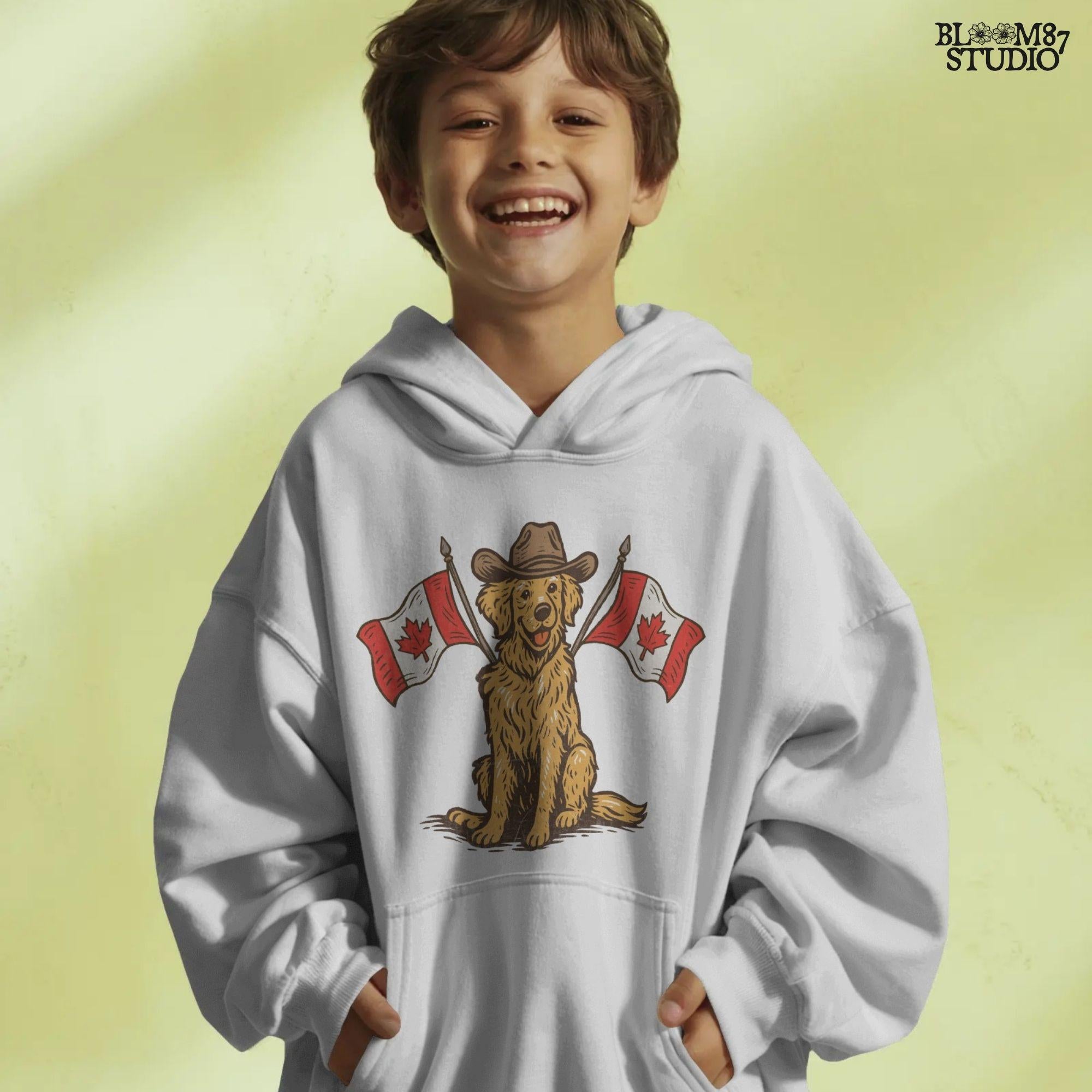 Illustration of a golden retriever wearing a cowboy hat and sitting between two Canadian flags, designed for Canada Day-themed sublimation projects.