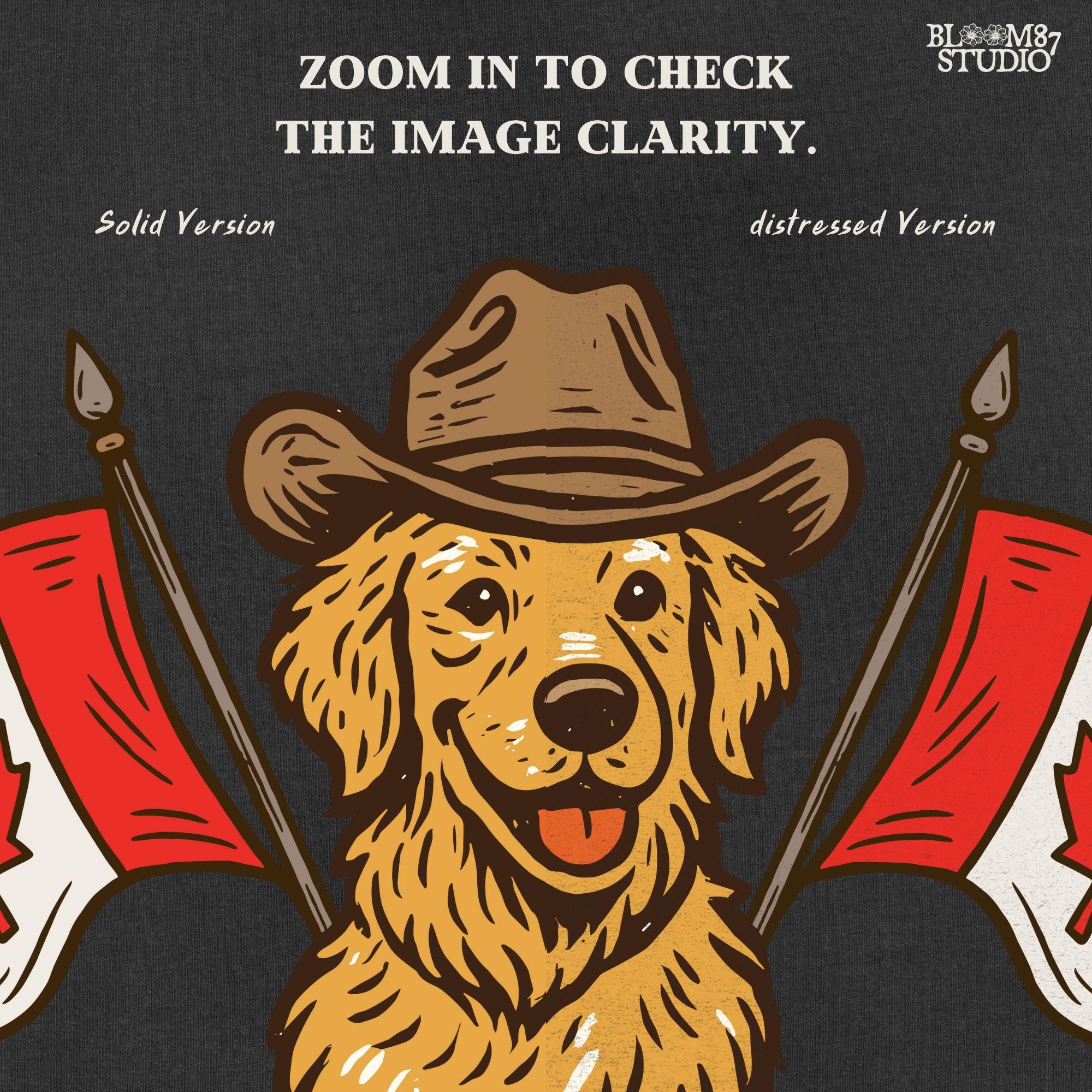 Illustration of a golden retriever wearing a cowboy hat and sitting between two Canadian flags, designed for Canada Day-themed sublimation projects.