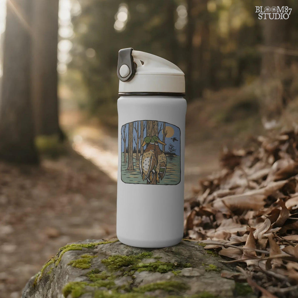 Illustration of two mallard ducks hanging from a tree in a flooded timber swamp at sunset, designed for duck hunting-themed sublimation and lodge decor.