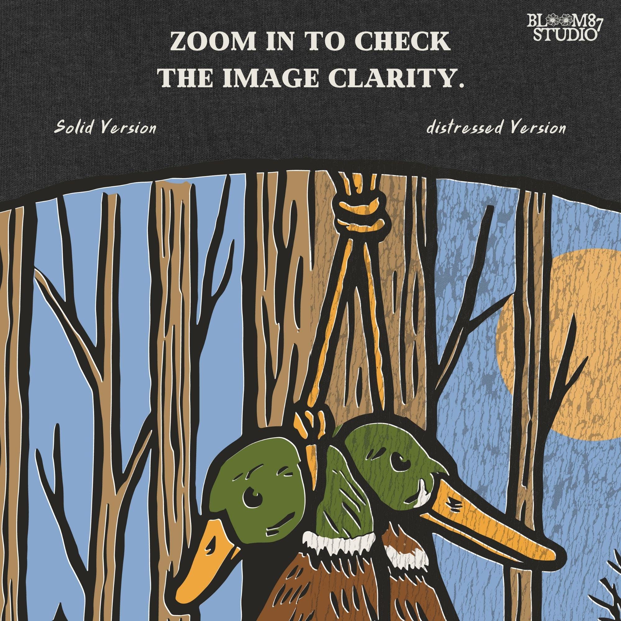 Illustration of two mallard ducks hanging from a tree in a flooded timber swamp at sunset, designed for duck hunting-themed sublimation and lodge decor.