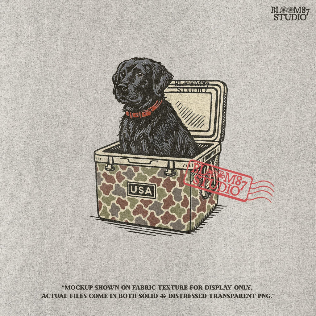 Hand-drawn black Labrador retriever sitting in a camouflage cooler labeled “USA,” designed for sublimation and hunting-themed merchandise.