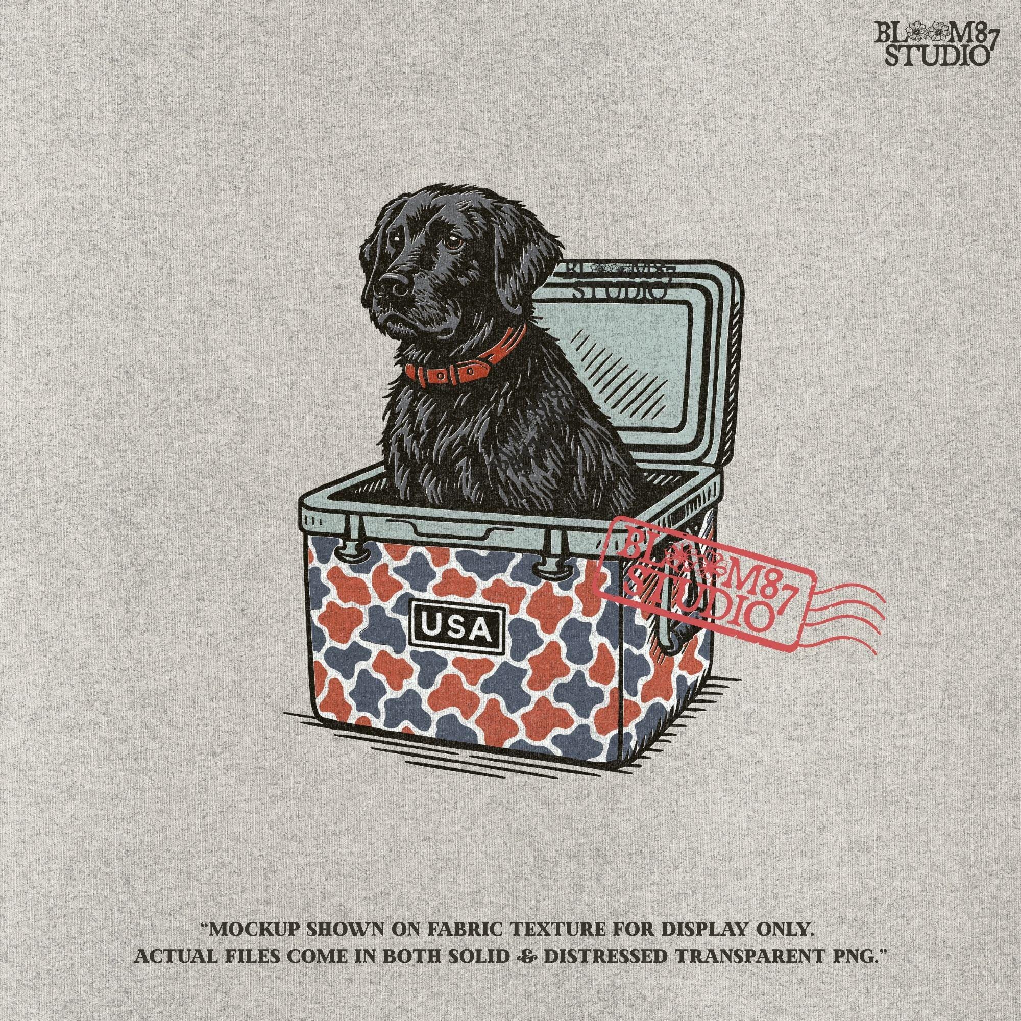 Illustration of a black Labrador retriever sitting in a red, white, and blue camo cooler with a “USA” label, designed for patriotic dog-themed sublimation.