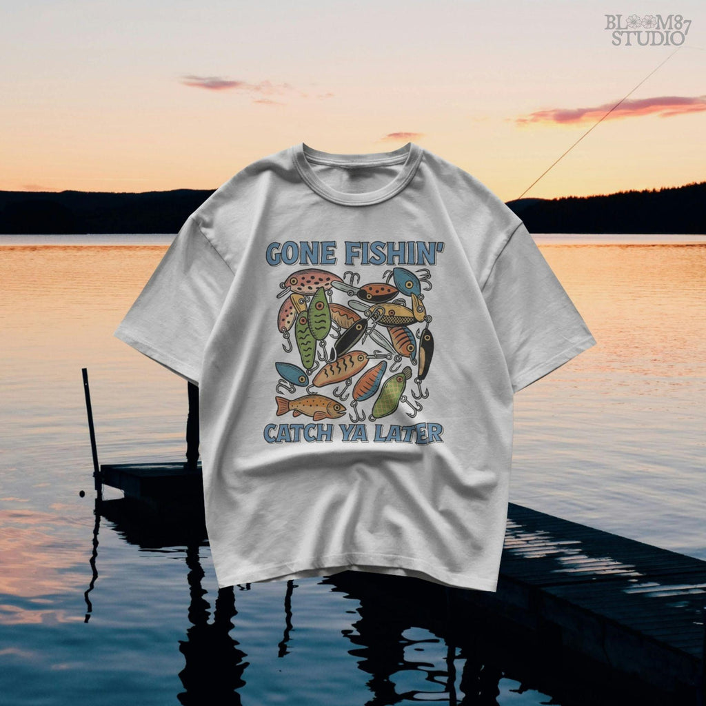 Vintage-style illustration of colorful fishing lures with the quote “Gone Fishin’ Catch Ya Later,” designed for sublimation and fisherman-themed projects.