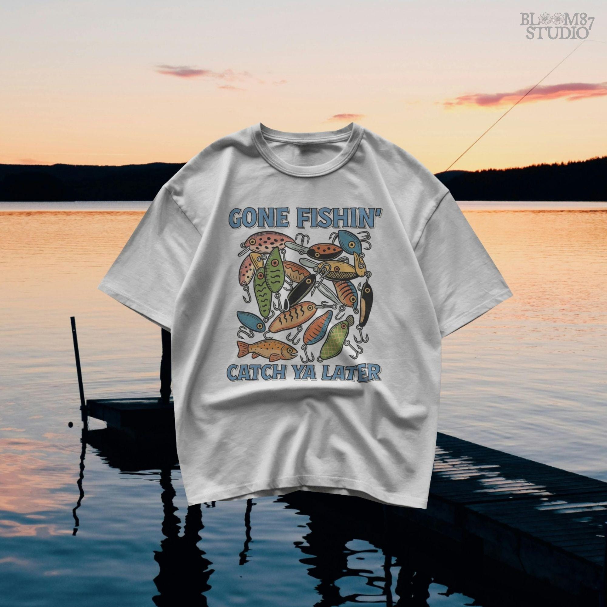 Vintage-style illustration of colorful fishing lures with the quote “Gone Fishin’ Catch Ya Later,” designed for sublimation and fisherman-themed projects.