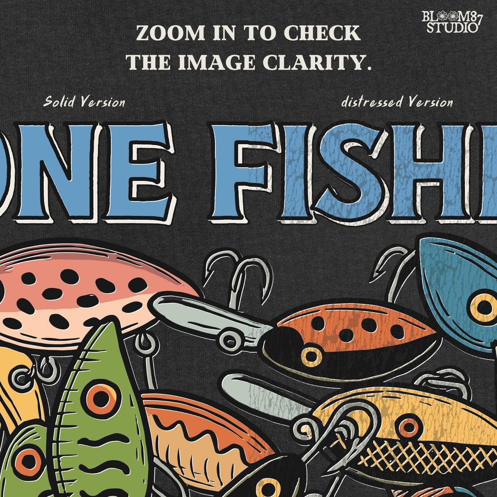 Vintage-style illustration of colorful fishing lures with the quote “Gone Fishin’ Catch Ya Later,” designed for sublimation and fisherman-themed projects.