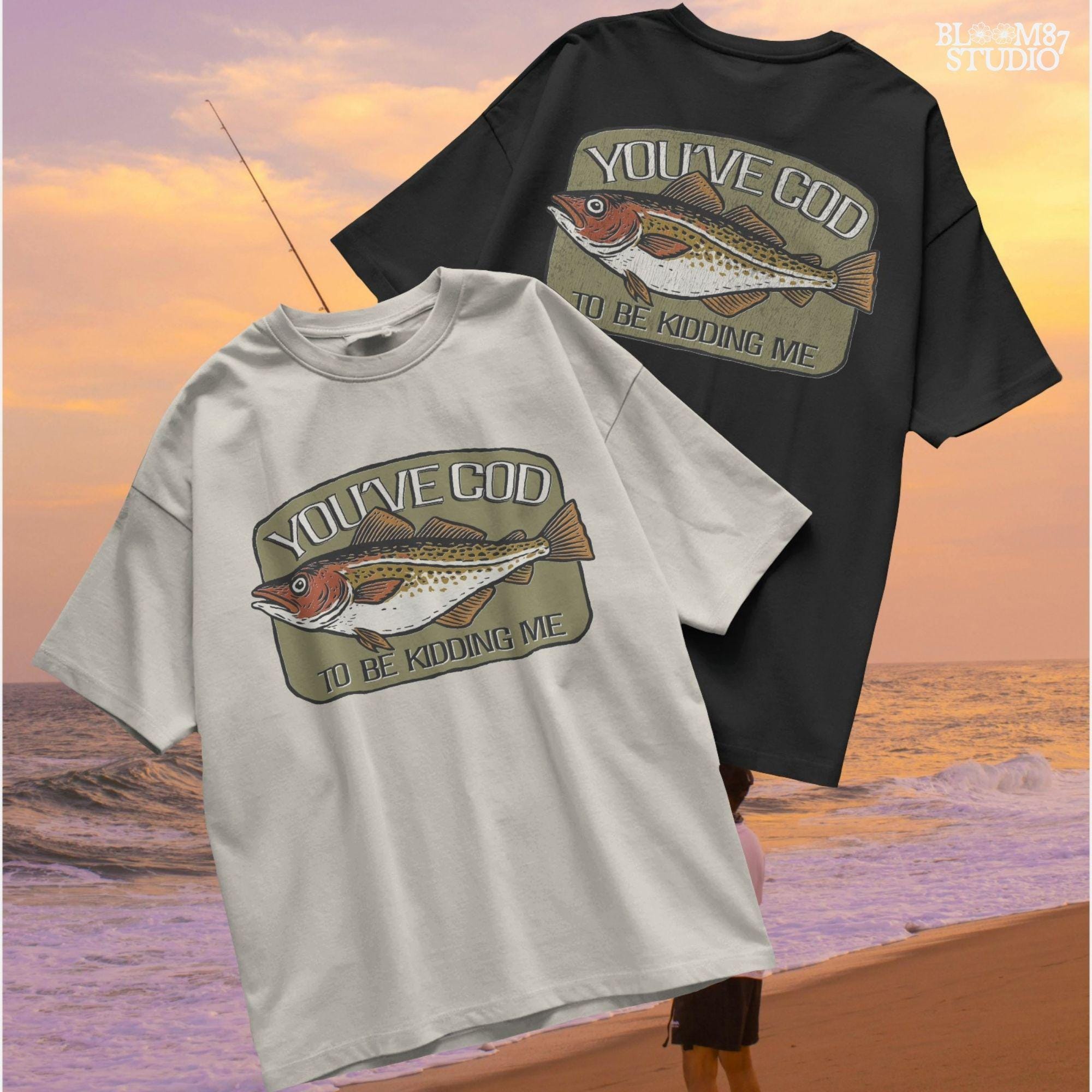 Hand-drawn Atlantic cod with the pun text “You’ve Cod to Be Kidding Me,” designed for funny fishing sublimation and dad joke gifts.
