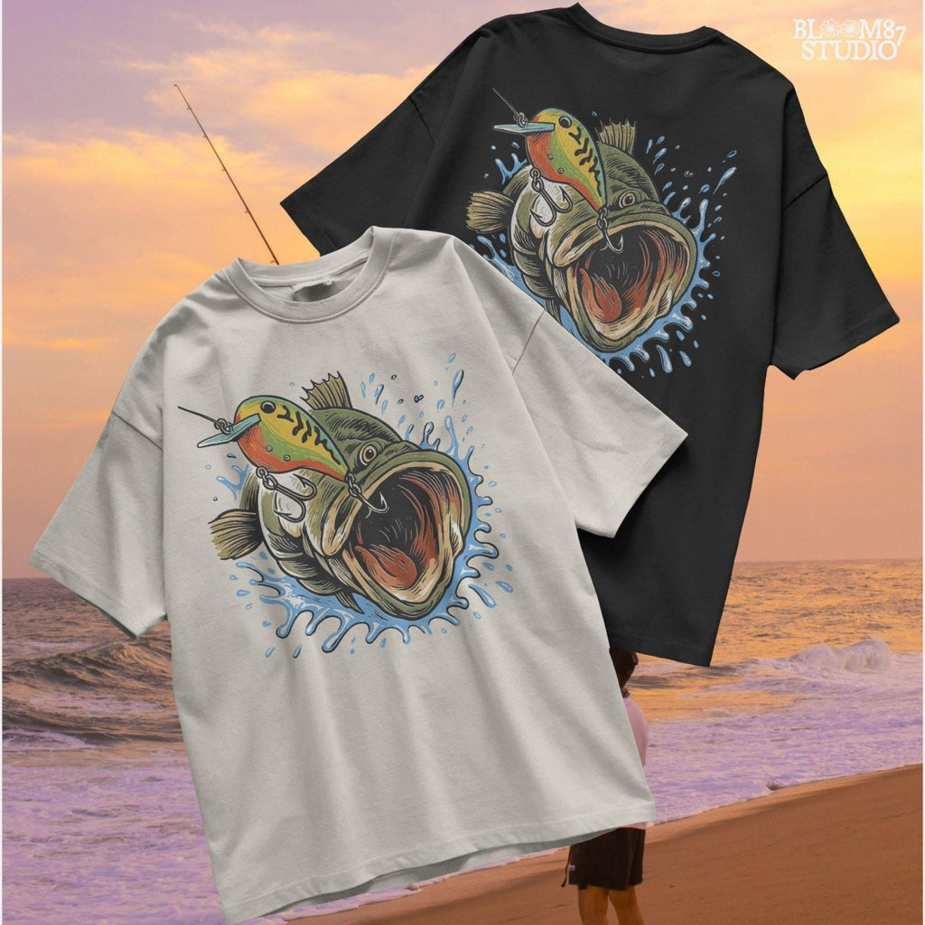 Illustration of a largemouth bass splashing out of the water with a crankbait lure in its mouth, designed for fishing-themed sublimation and angler apparel.