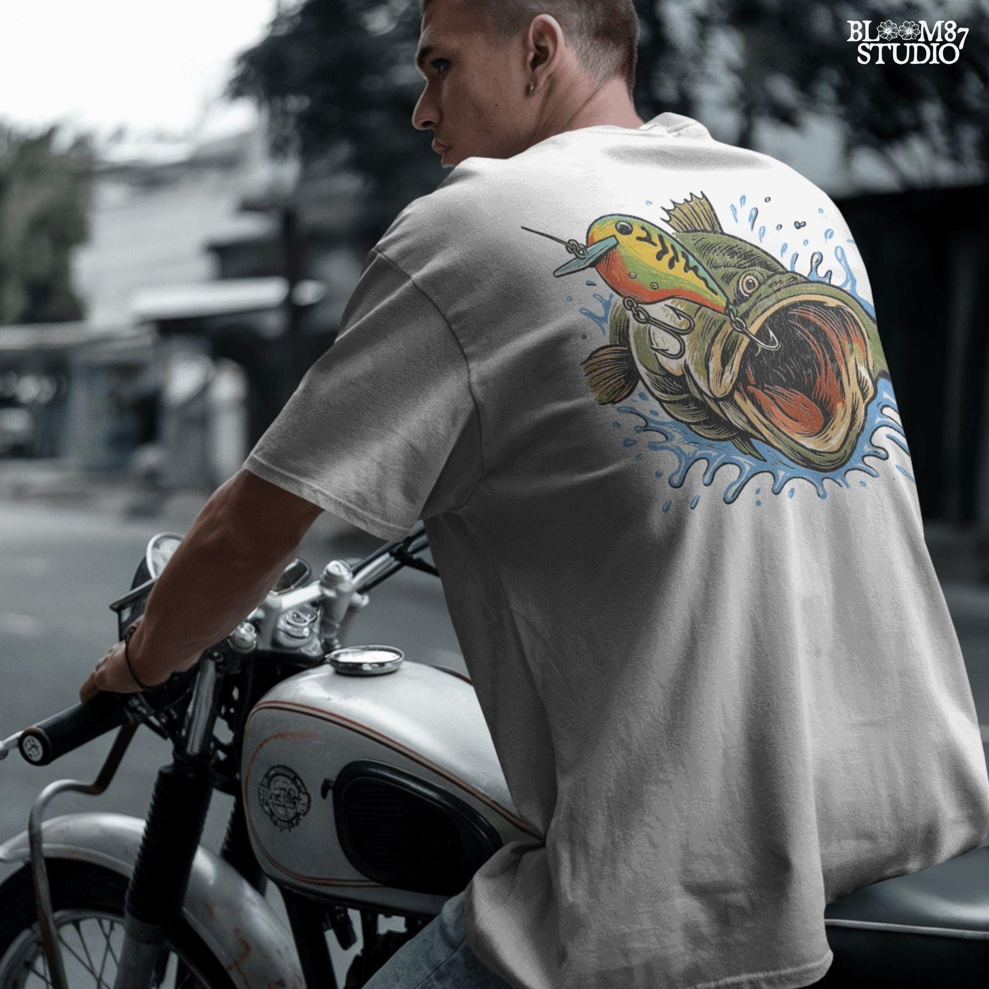 Illustration of a largemouth bass splashing out of the water with a crankbait lure in its mouth, designed for fishing-themed sublimation and angler apparel.