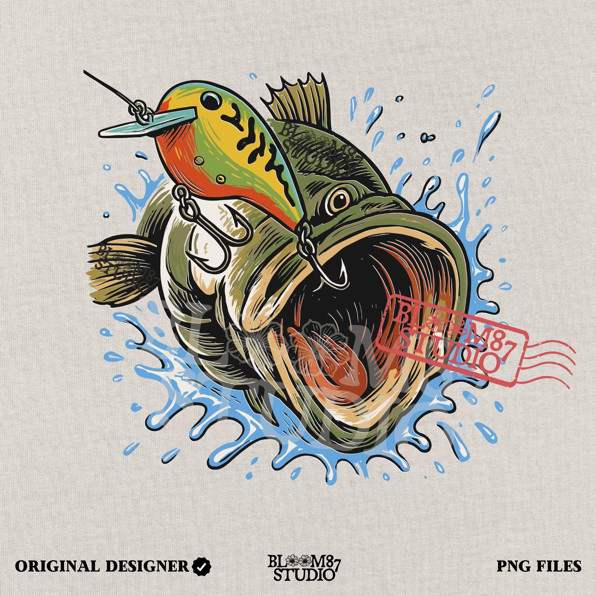 Illustration of a largemouth bass splashing out of the water with a crankbait lure in its mouth, designed for fishing-themed sublimation and angler apparel.