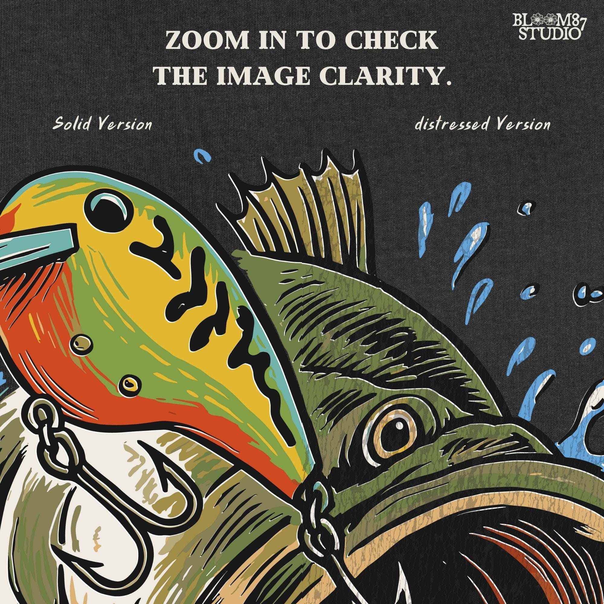 Illustration of a largemouth bass splashing out of the water with a crankbait lure in its mouth, designed for fishing-themed sublimation and angler apparel.