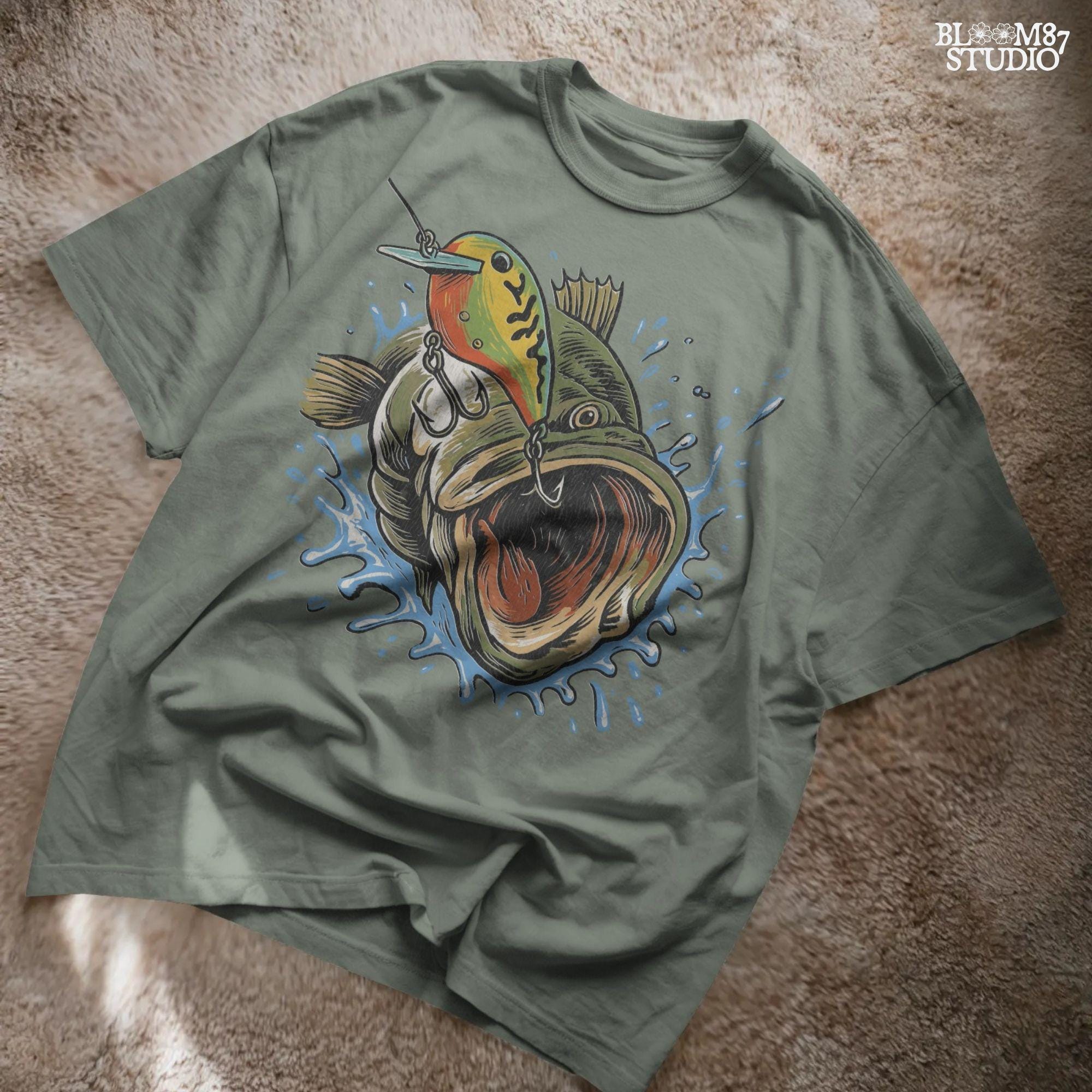 Illustration of a largemouth bass splashing out of the water with a crankbait lure in its mouth, designed for fishing-themed sublimation and angler apparel.