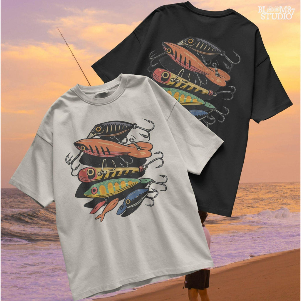 Vintage-style illustration of assorted colorful fishing lures including crankbaits and topwater baits, arranged in a collage, for sublimation and angler designs.
