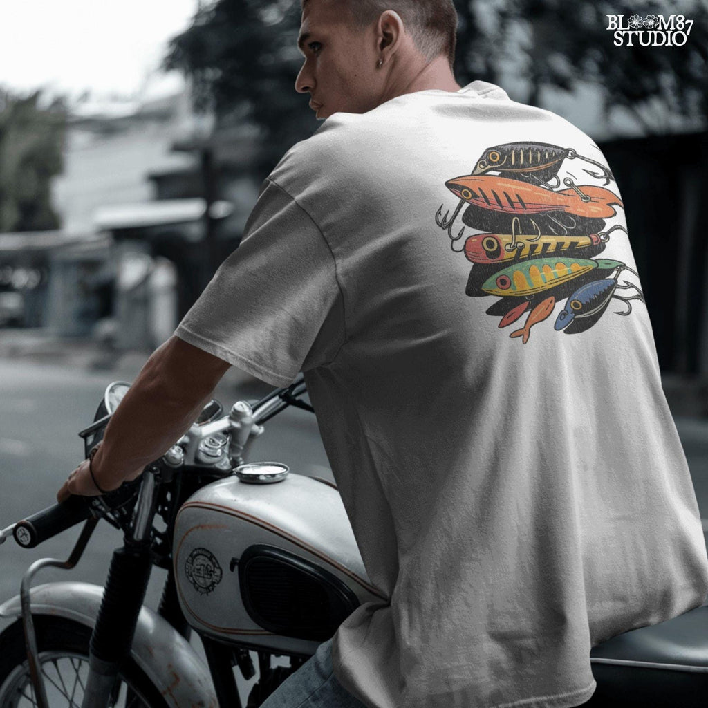 Vintage-style illustration of assorted colorful fishing lures including crankbaits and topwater baits, arranged in a collage, for sublimation and angler designs.