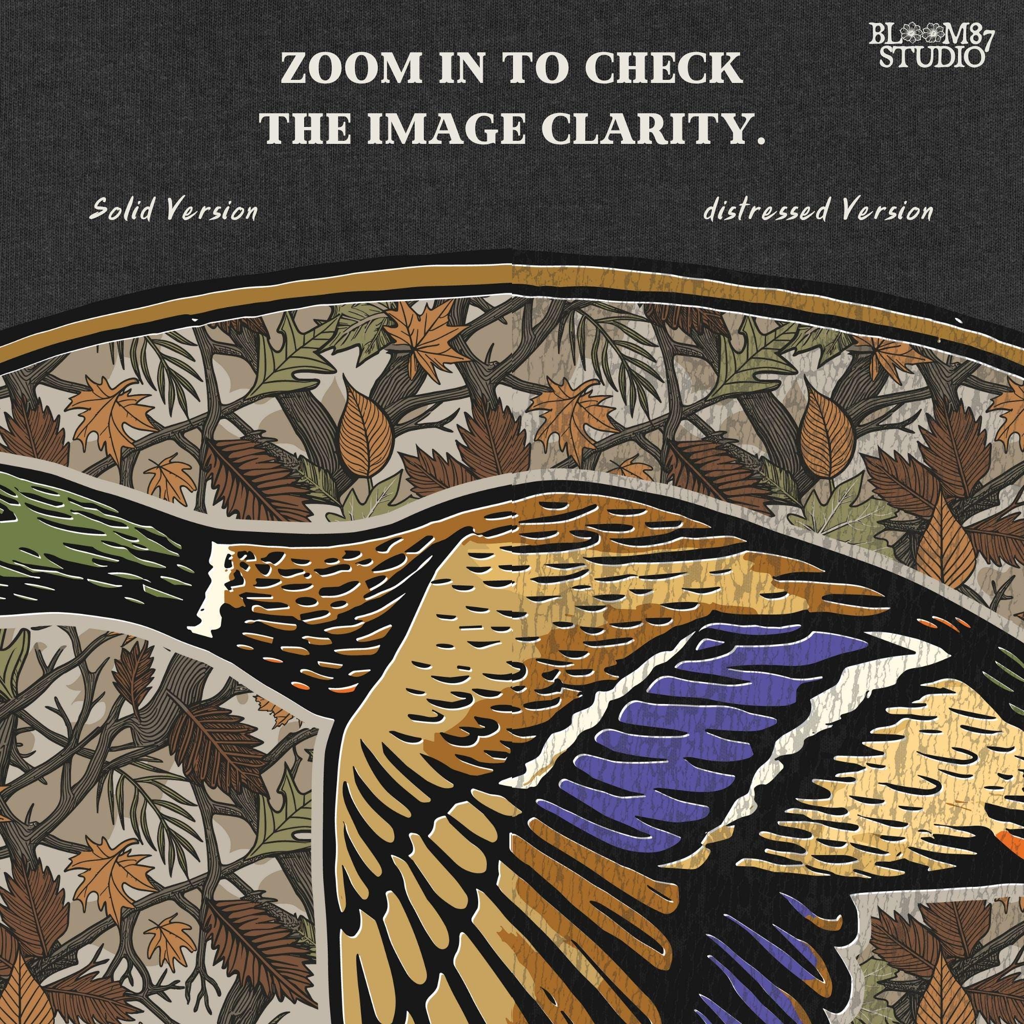 Illustration of a flying mallard duck over a fall camouflage background with oak and maple leaves, designed for hunting-themed sublimation and outdoor shirts.