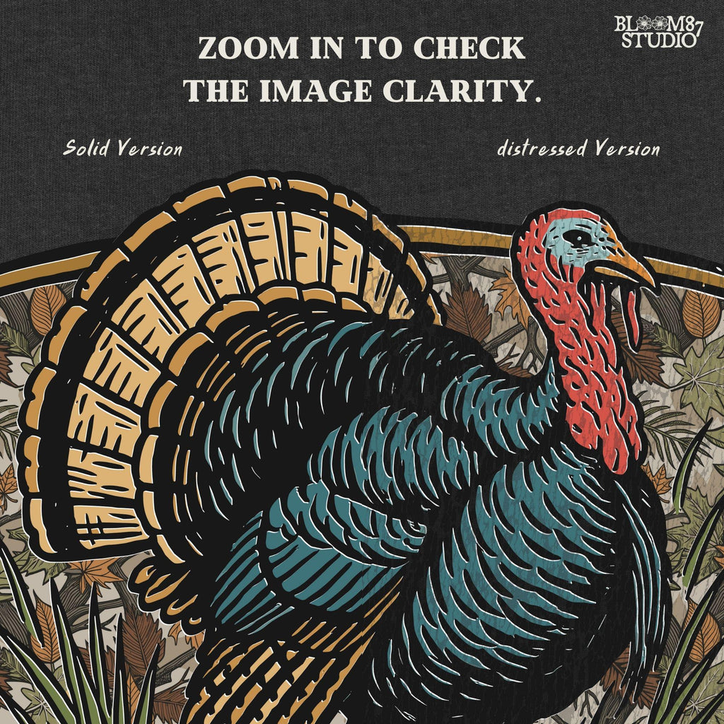 Illustration of a strutting wild turkey in front of a detailed fall camouflage background with brown and orange leaves, designed for sublimation on hunting shirts and Thanksgiving outdoor gear.