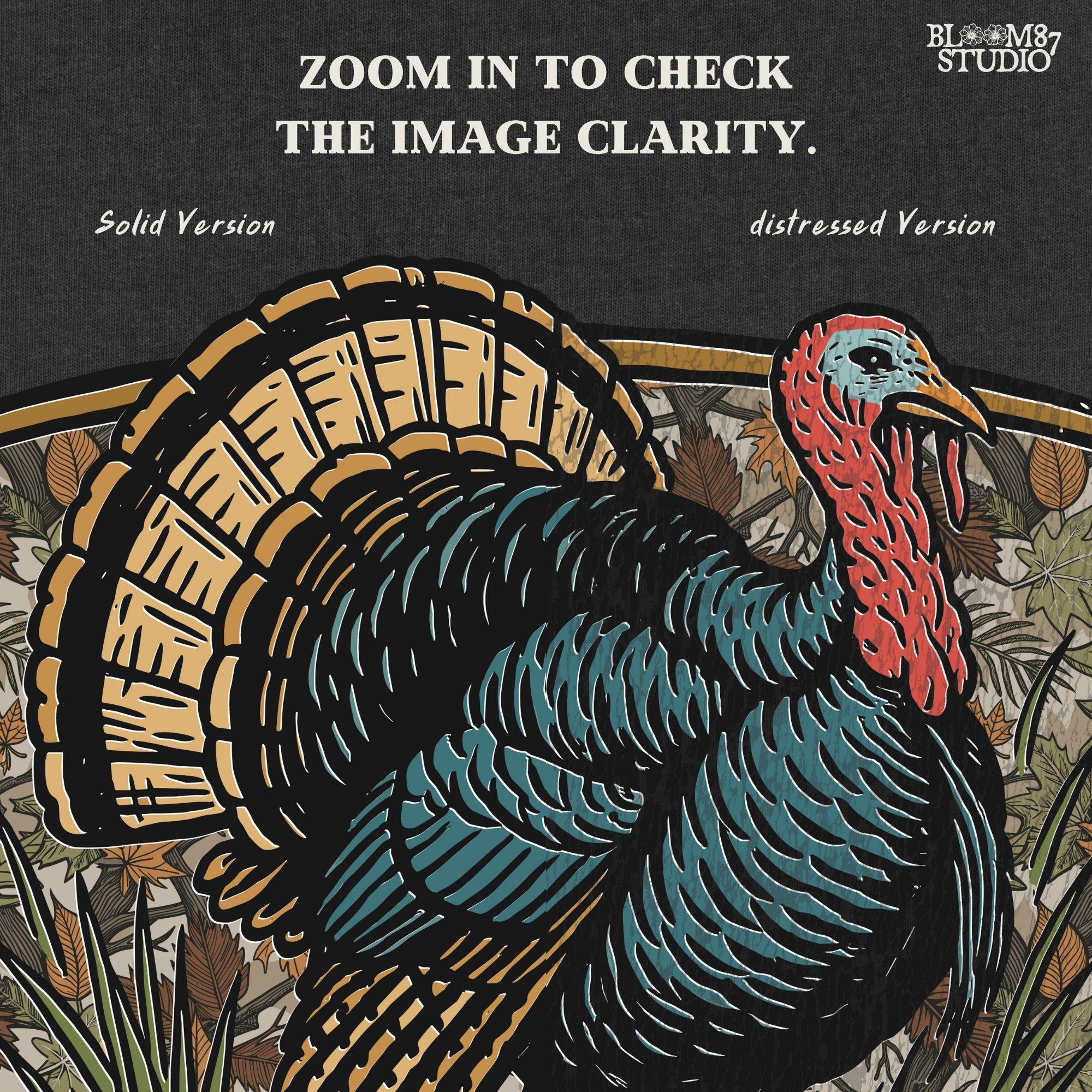 Illustration of a strutting wild turkey in front of a detailed fall camouflage background with brown and orange leaves, designed for sublimation on hunting shirts and Thanksgiving outdoor gear.