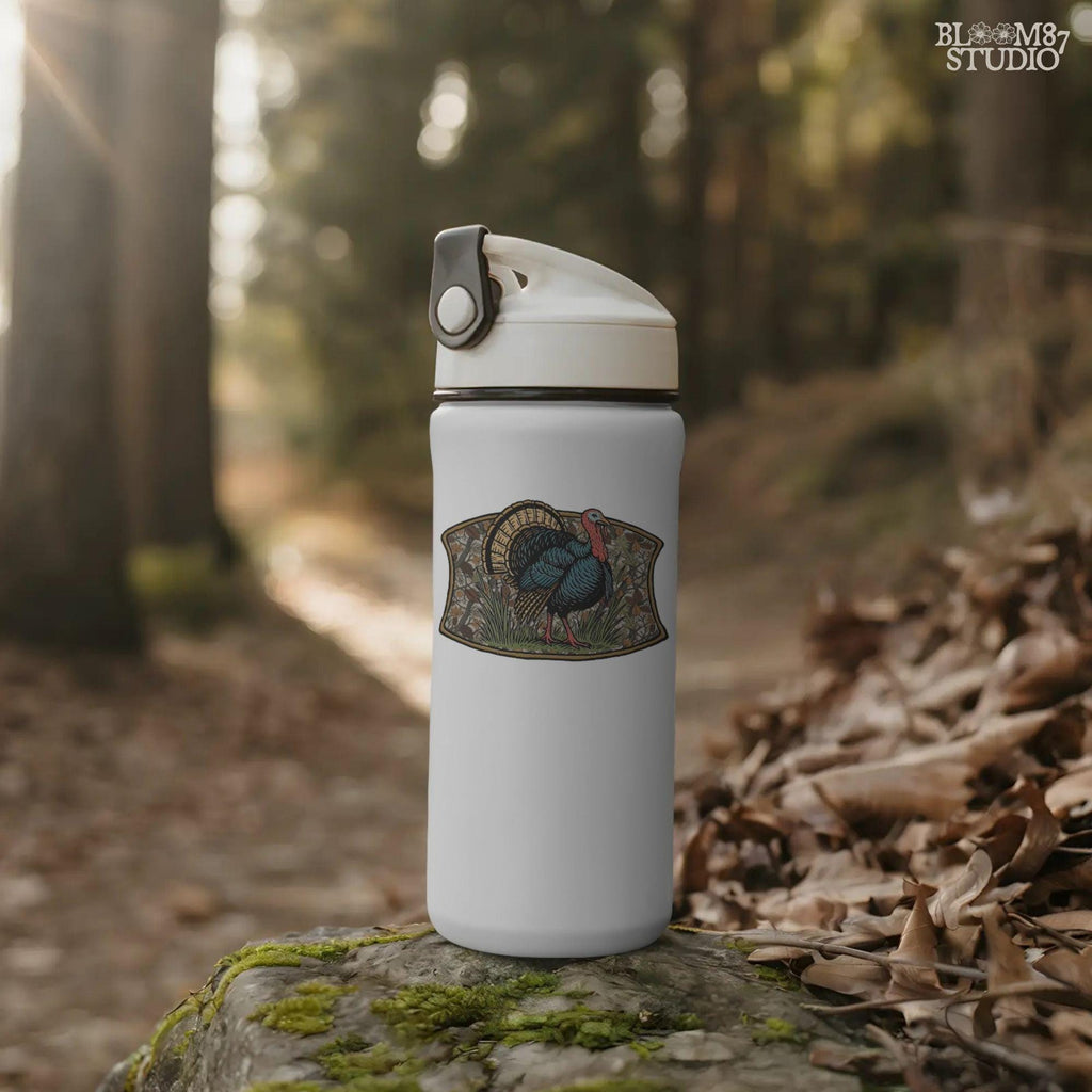 Illustration of a strutting wild turkey in front of a detailed fall camouflage background with brown and orange leaves, designed for sublimation on hunting shirts and Thanksgiving outdoor gear.