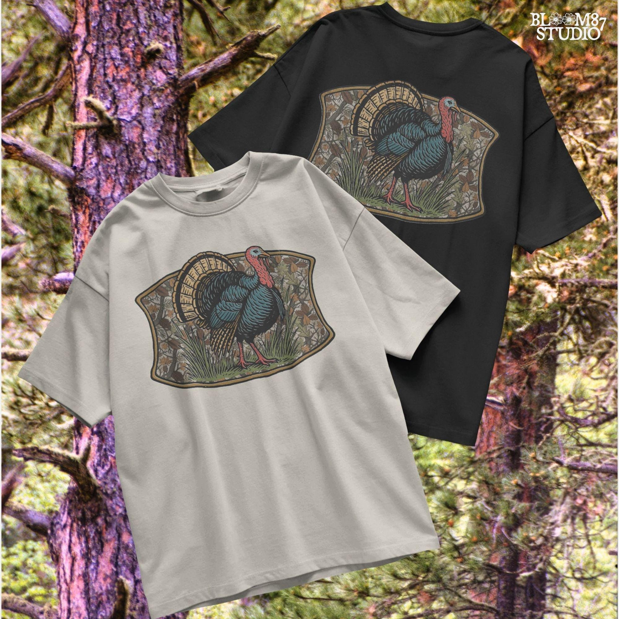 Illustration of a strutting wild turkey in front of a detailed fall camouflage background with brown and orange leaves, designed for sublimation on hunting shirts and Thanksgiving outdoor gear.