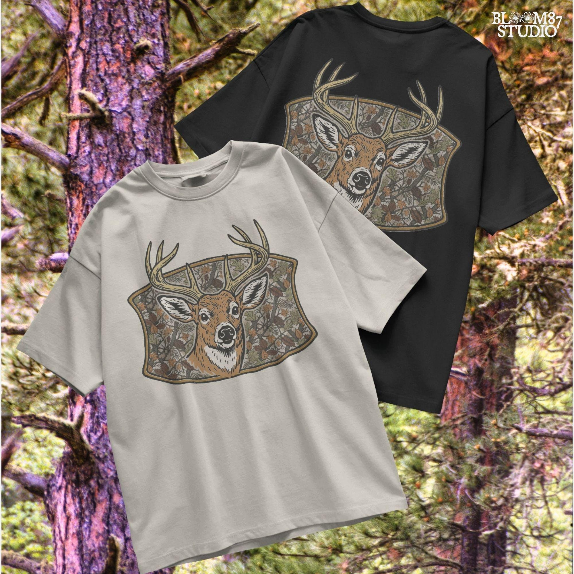 Illustration of a whitetail buck with large antlers in front of a fall forest camo background featuring leaves and branches, perfect for hunting-themed sublimation.