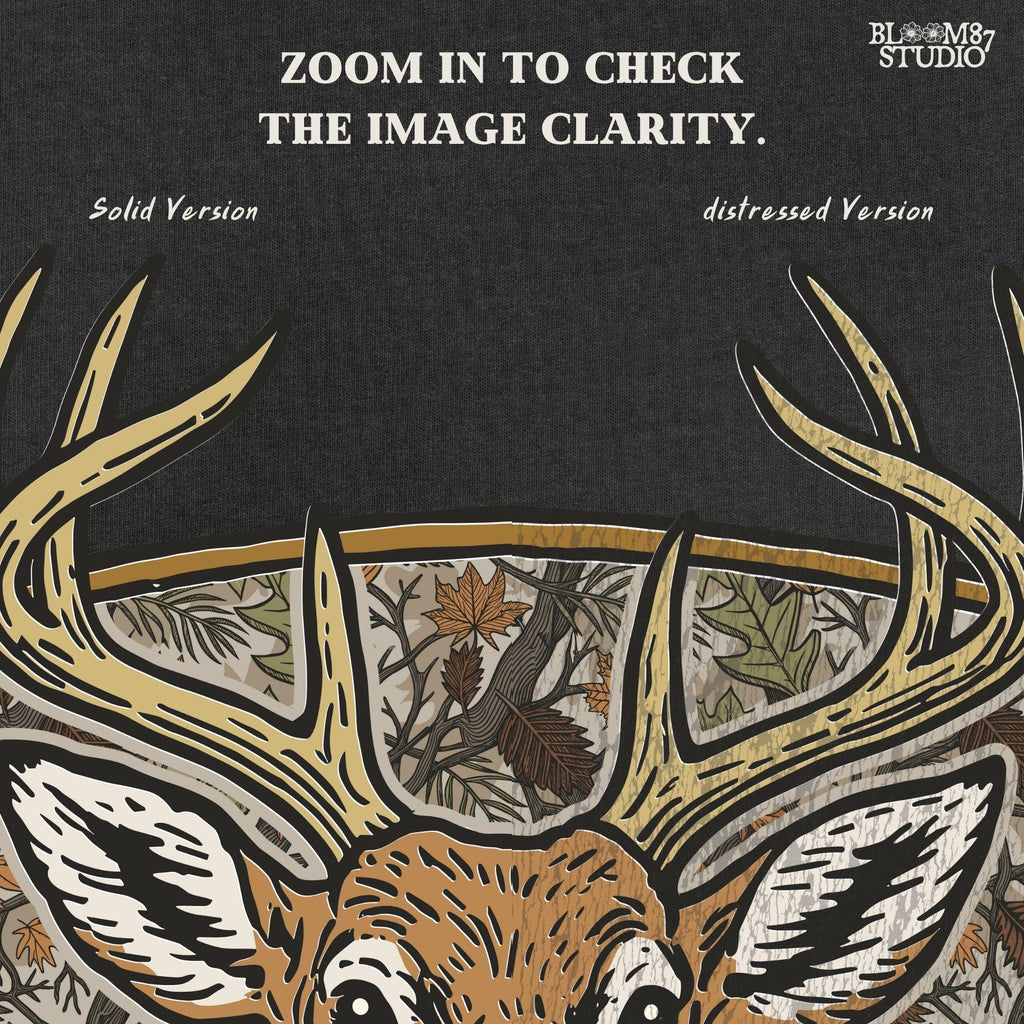 Illustration of a whitetail buck with large antlers in front of a fall forest camo background featuring leaves and branches, perfect for hunting-themed sublimation.