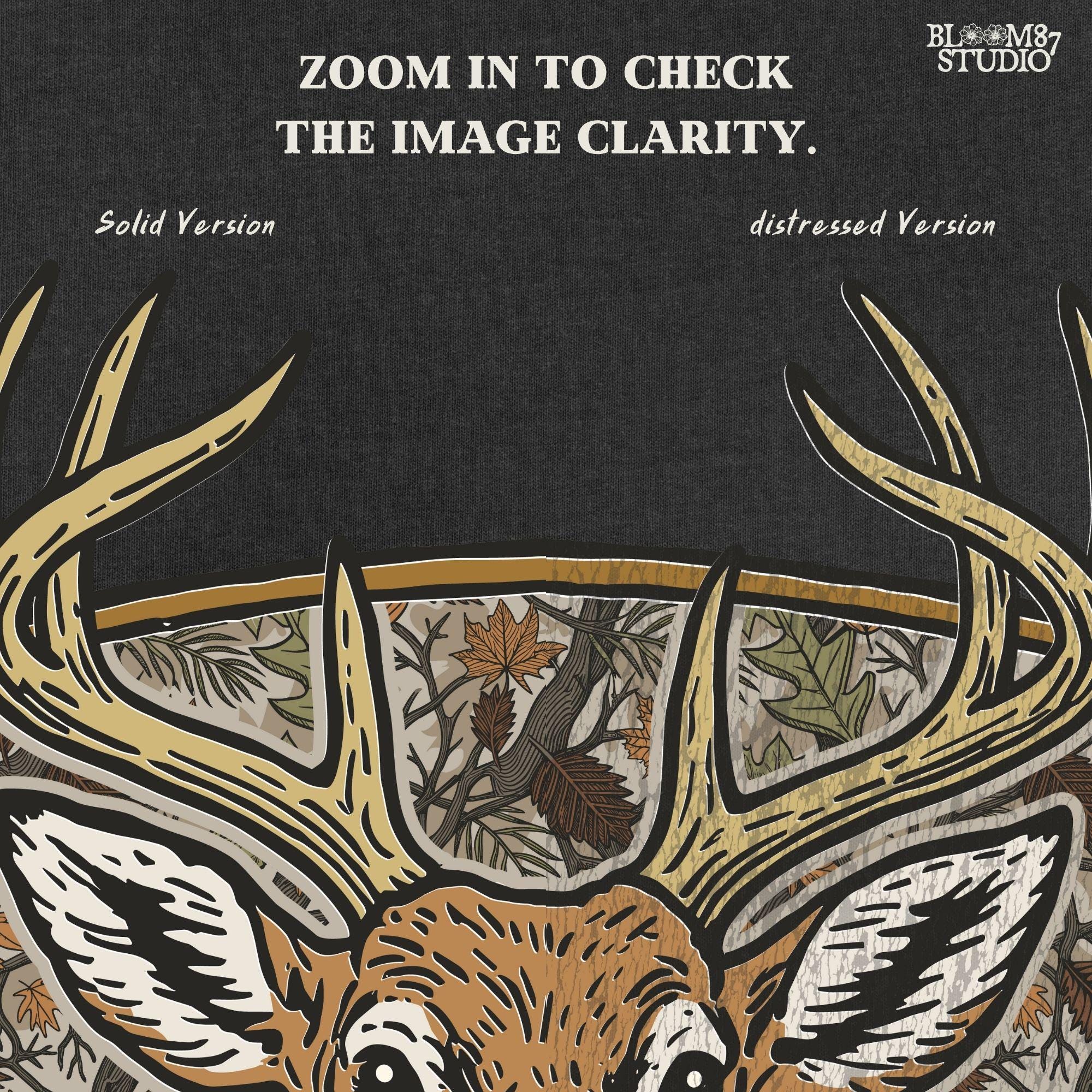 Illustration of a whitetail buck with large antlers in front of a fall forest camo background featuring leaves and branches, perfect for hunting-themed sublimation.