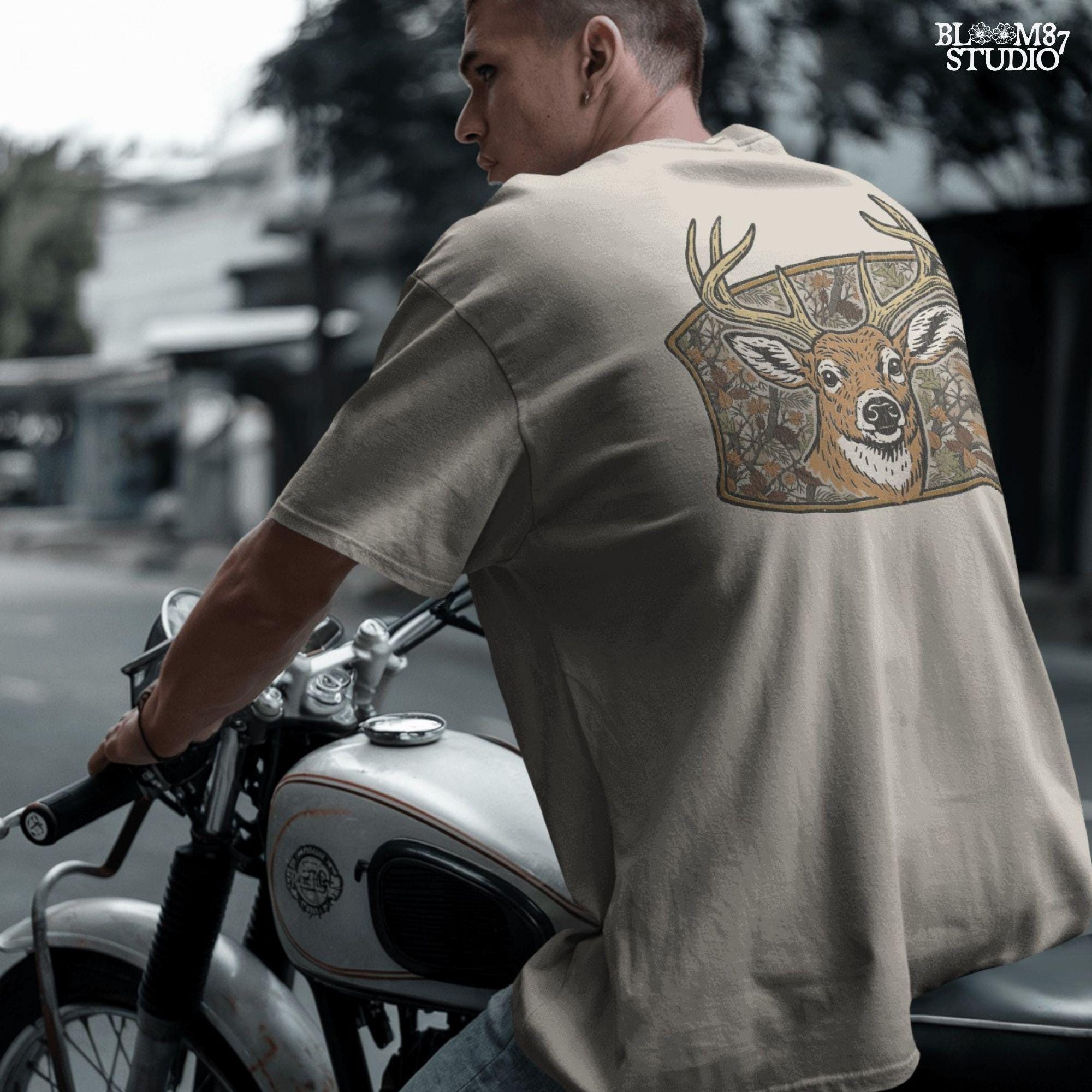 Illustration of a whitetail buck with large antlers in front of a fall forest camo background featuring leaves and branches, perfect for hunting-themed sublimation.