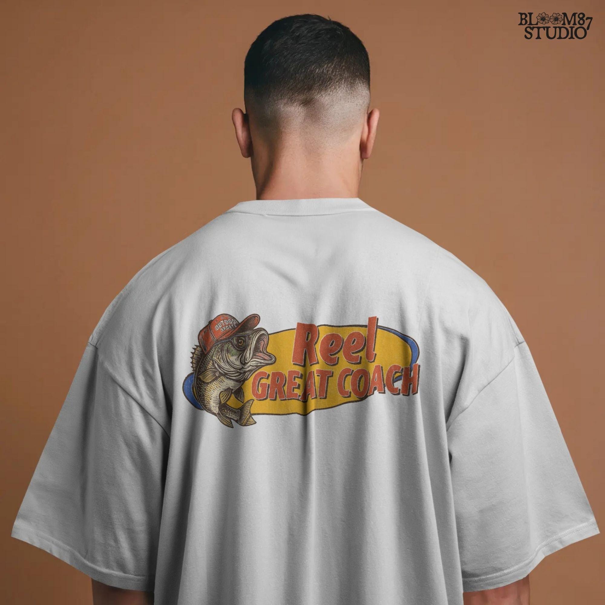 Vintage illustration of a largemouth bass wearing a red outdoor cap with the phrase “Reel Great Coach” in bold orange and yellow lettering, designed for sublimation on gifts and shirts.