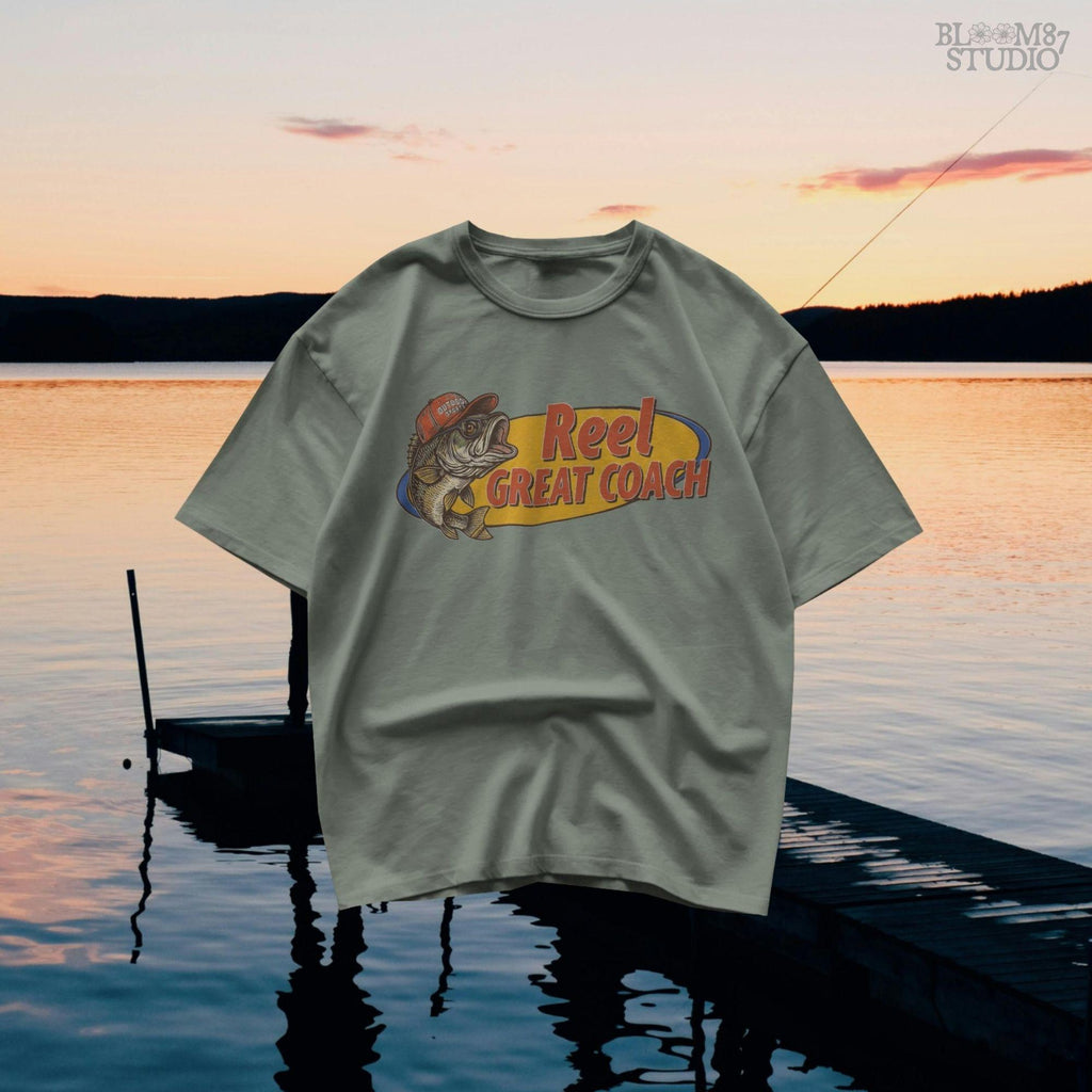 Vintage illustration of a largemouth bass wearing a red outdoor cap with the phrase “Reel Great Coach” in bold orange and yellow lettering, designed for sublimation on gifts and shirts.