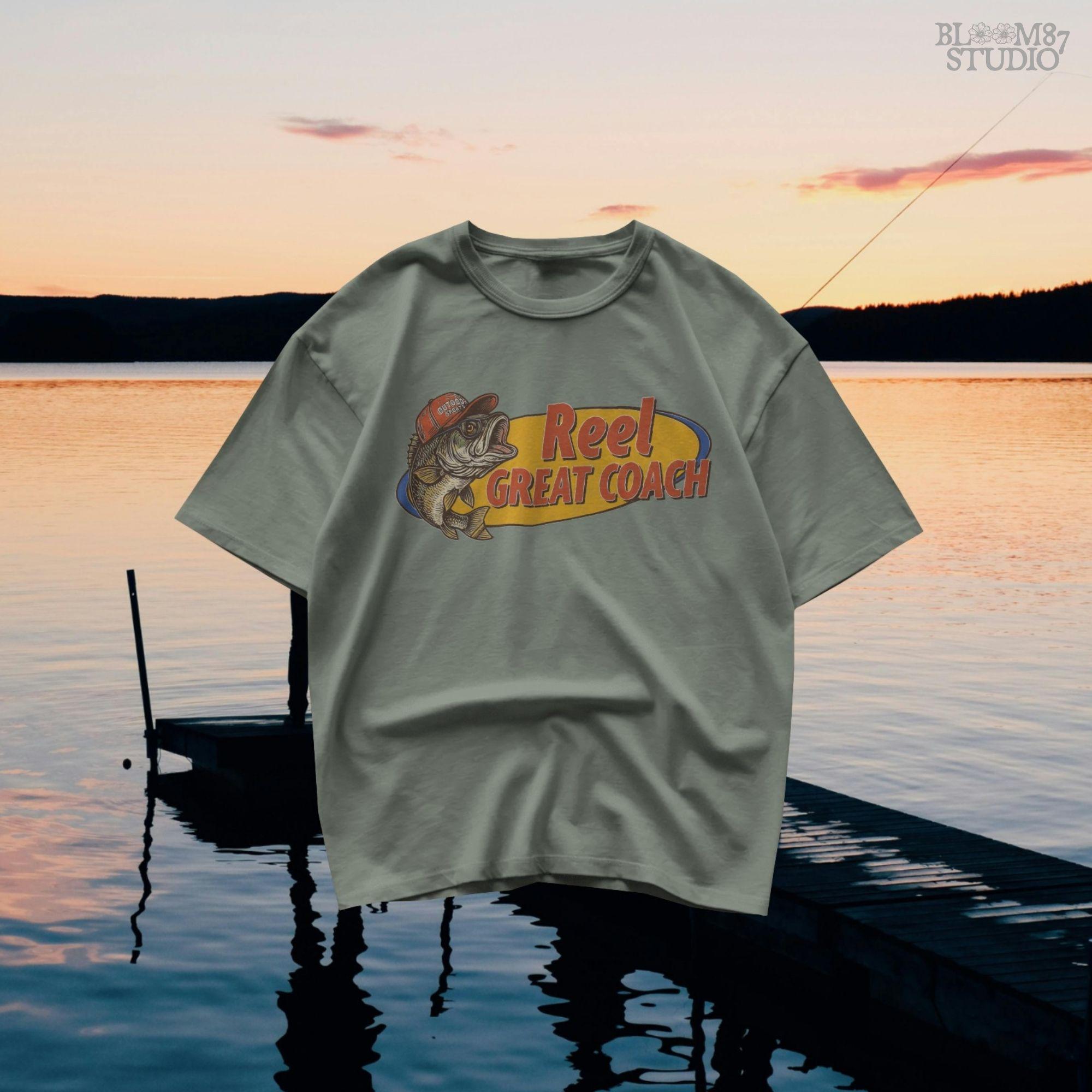 Vintage illustration of a largemouth bass wearing a red outdoor cap with the phrase “Reel Great Coach” in bold orange and yellow lettering, designed for sublimation on gifts and shirts.