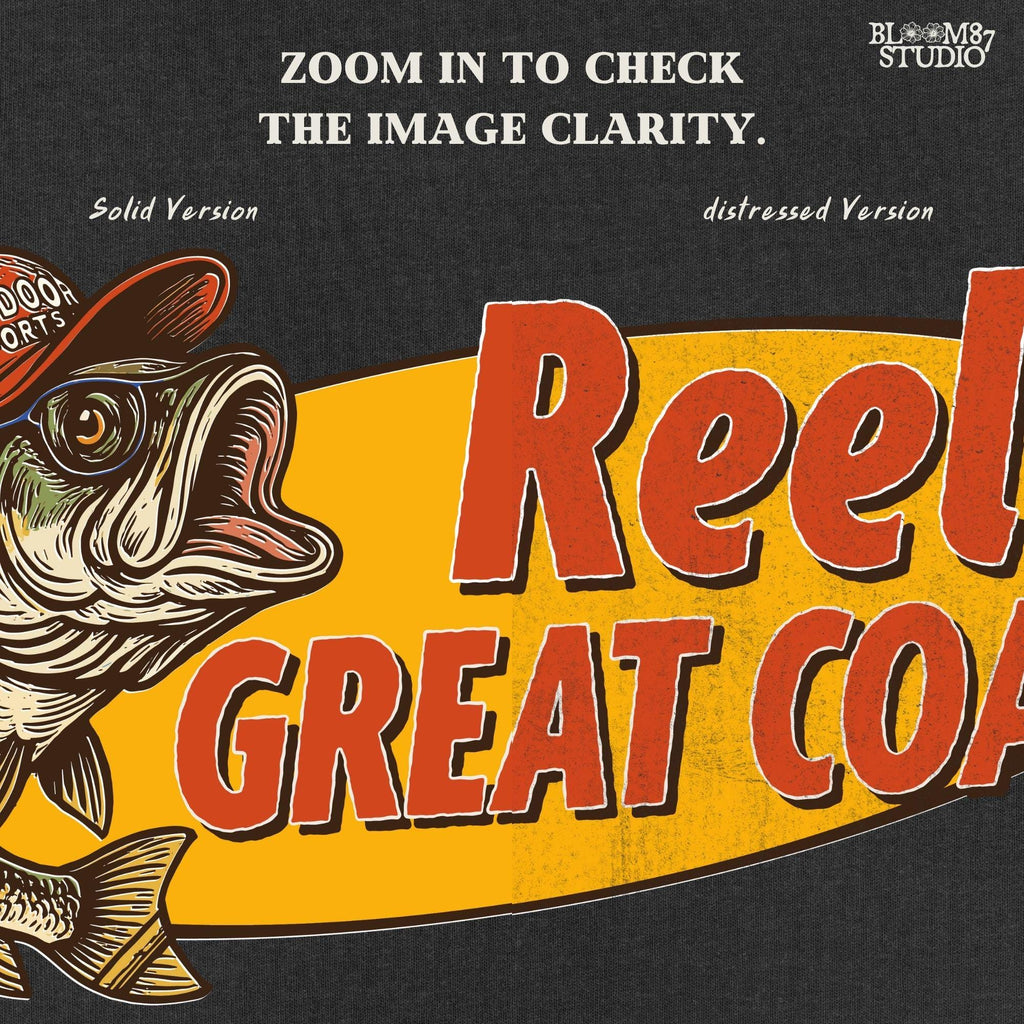Vintage illustration of a largemouth bass wearing a red outdoor cap with the phrase “Reel Great Coach” in bold orange and yellow lettering, designed for sublimation on gifts and shirts.